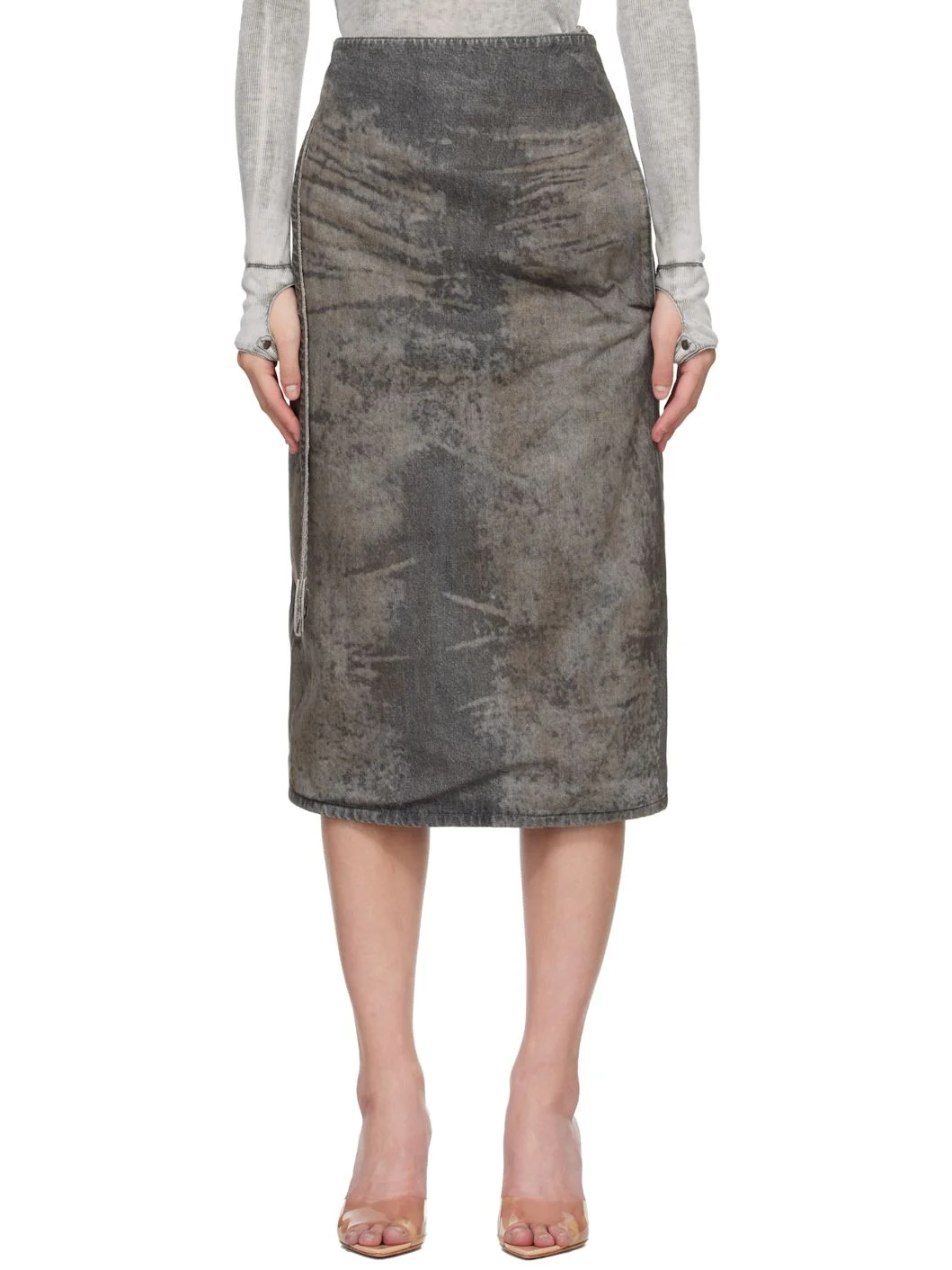 Gray Cotton-Hemp Satin Denim Midi Skirt - 1