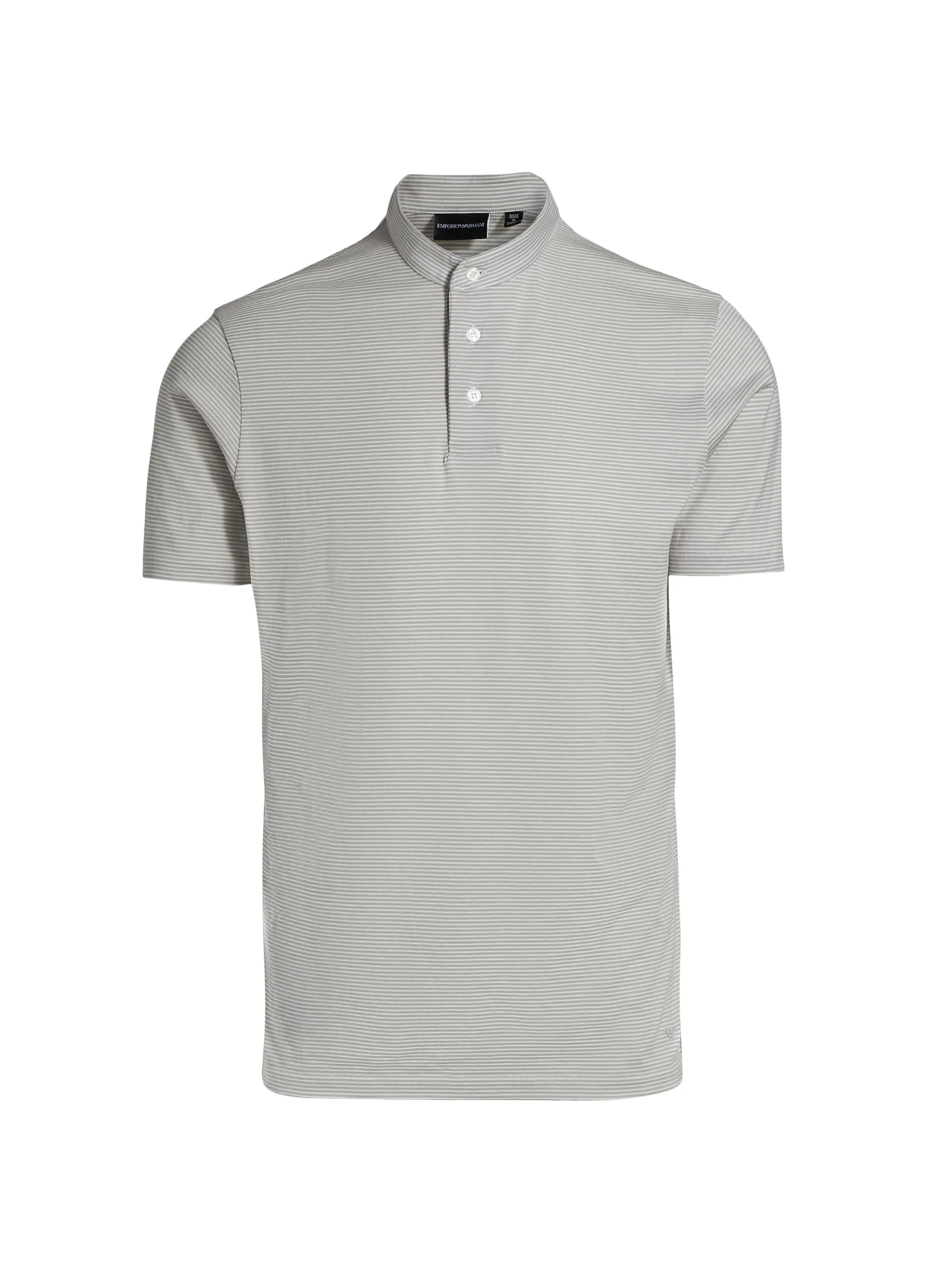 Men's Nehru Striped Cotton Jersey Band-Collar Polo Shirt - Grey And White - 1