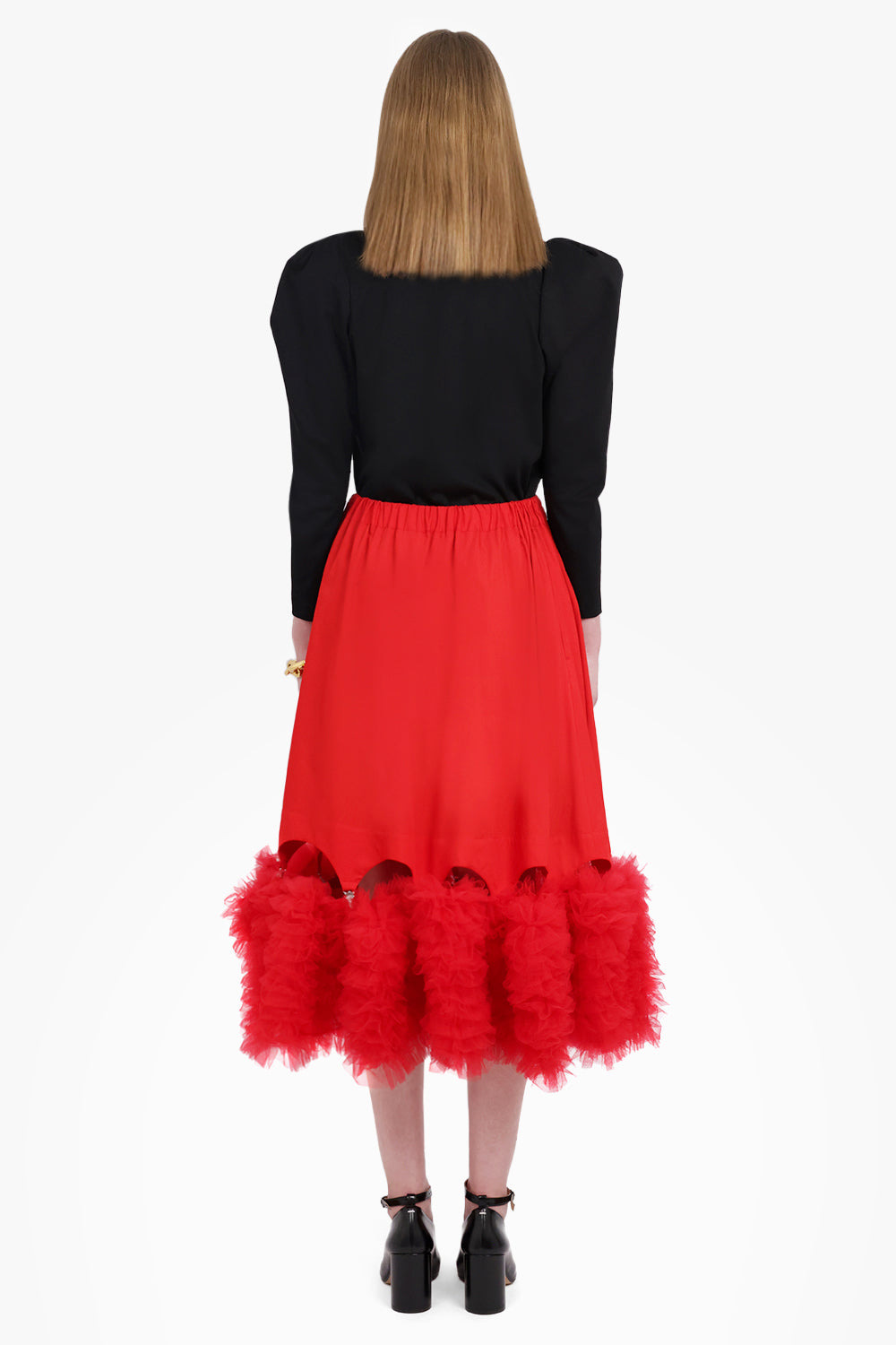 MIDI SKIRT WITH ATTACHED TULLE HEM | RED - 5
