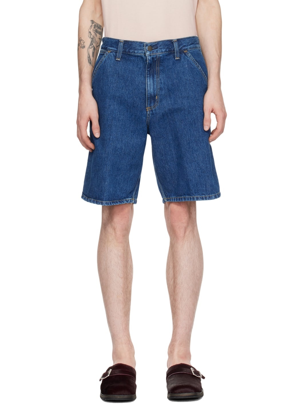 Indigo Single Knee Denim Shorts - 1