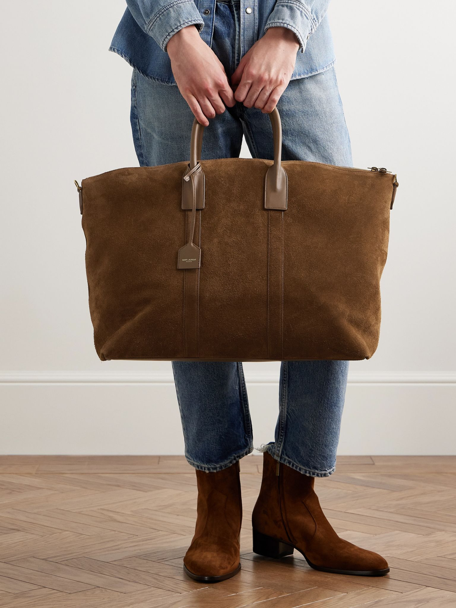 Leather-Trimmed Suede Tote Bag Brown - 6
