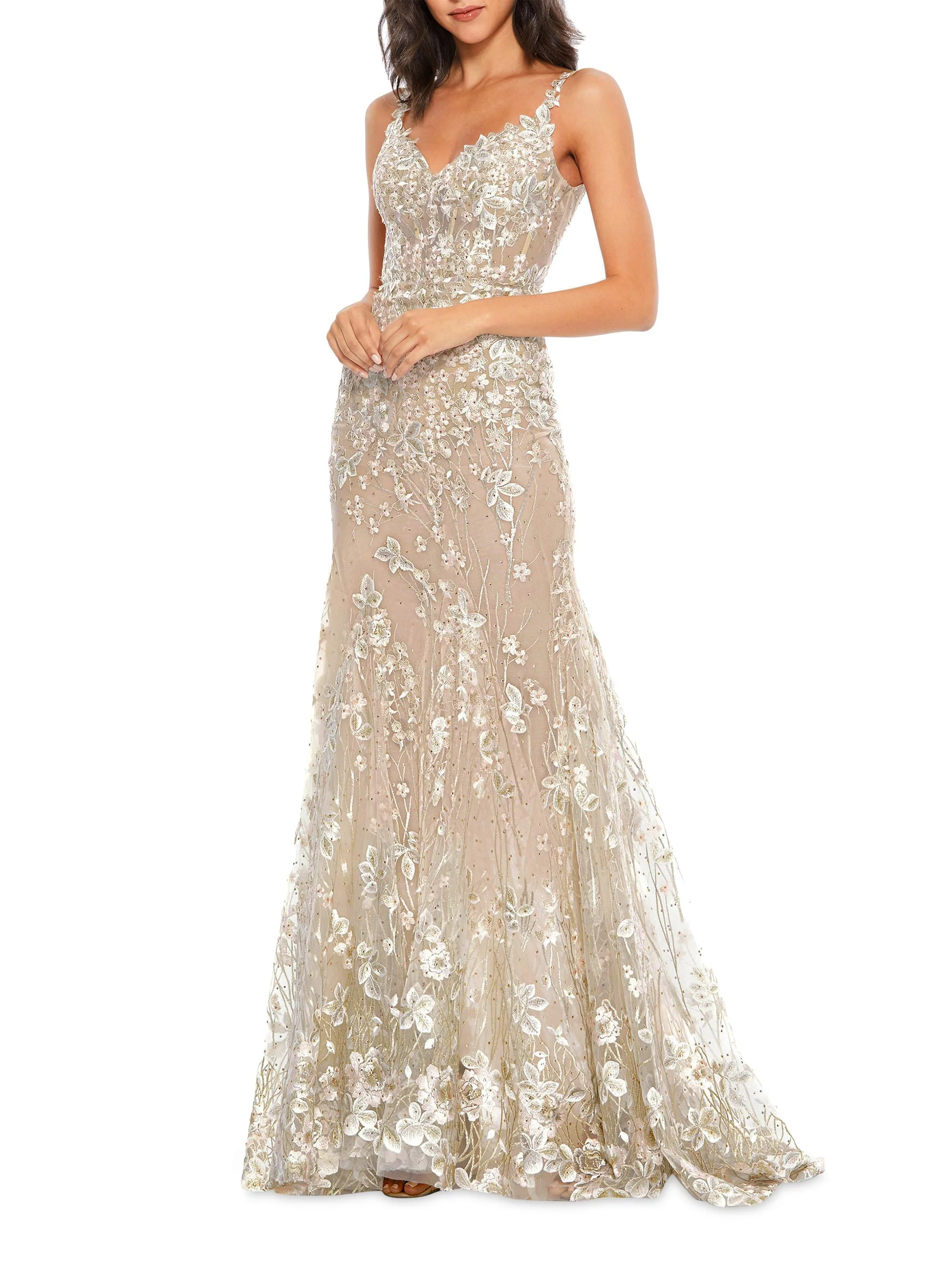 Women's Floral Embellished Sheath Gown - Beige Multi - 1
