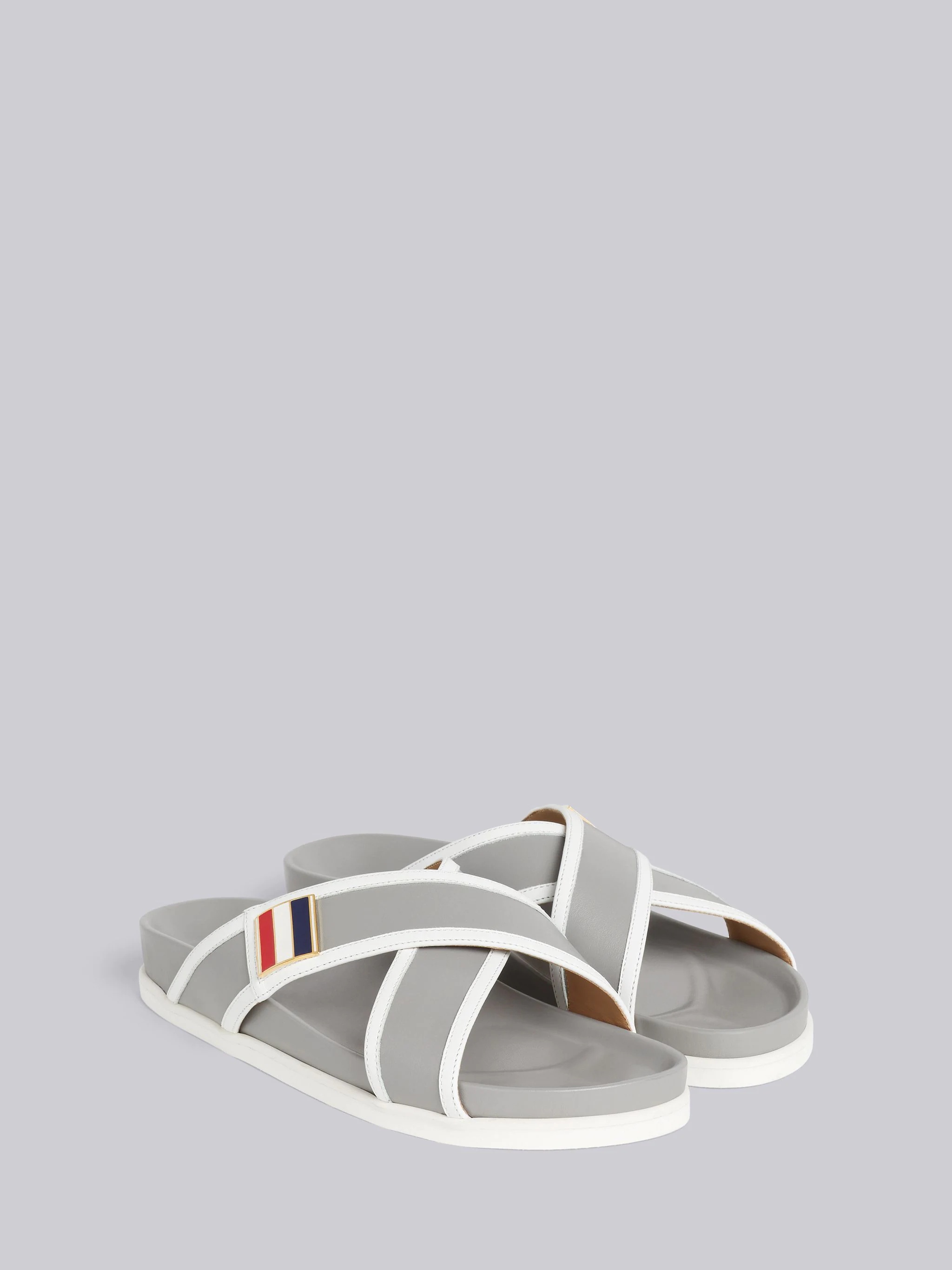 Dark Grey Vitello Calf Leather Stripe Enamel Buckle Criss Cross Sandal - 3