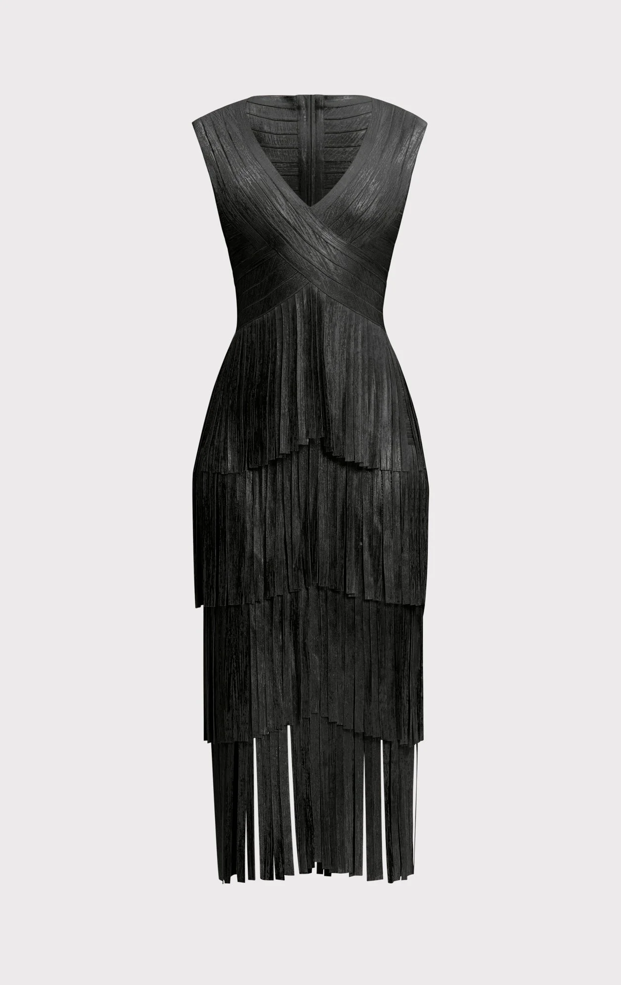 V NECK FOIL FRINGE MIDI DRESS - 1