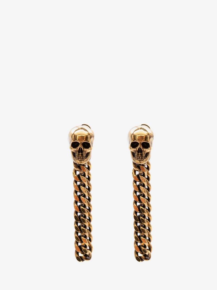 Skull Charm Chain Earrings in Antique Gold - 1