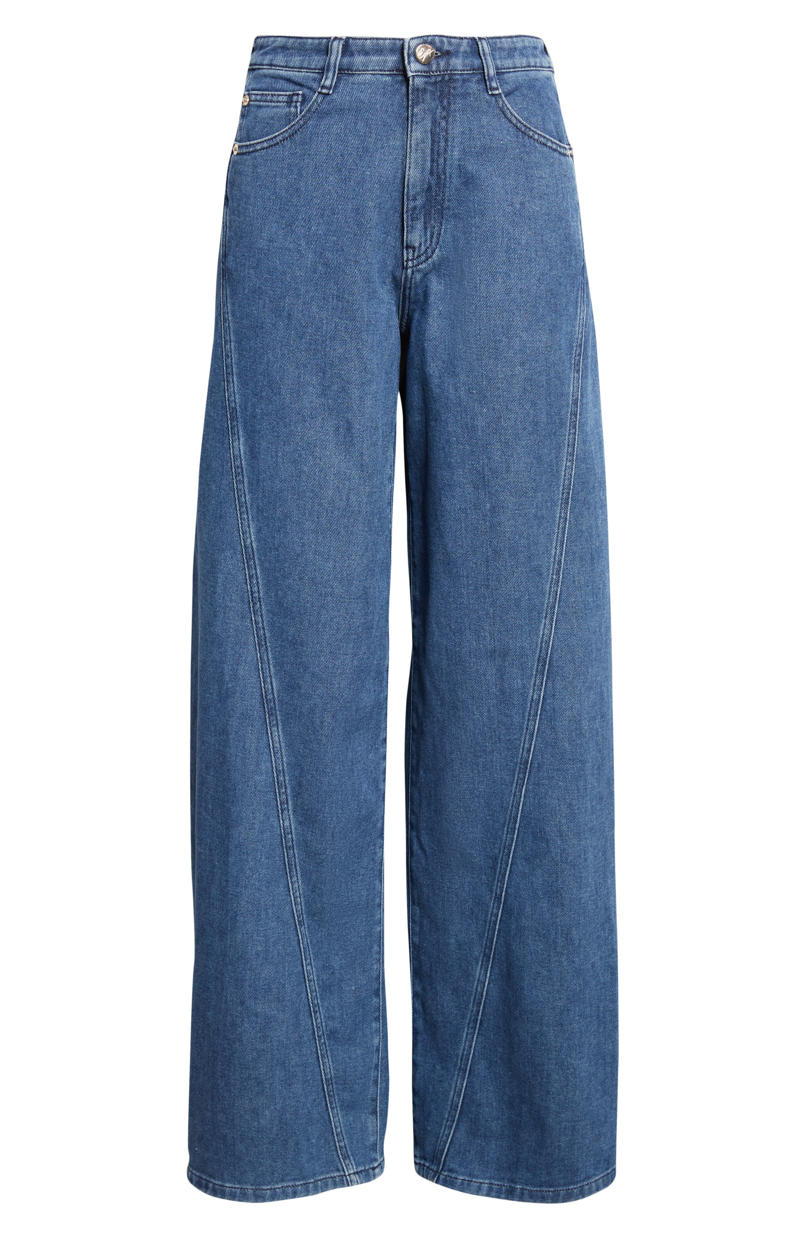 Emporio Armani Twist Seam High Waist Barrel Leg Jeans in Solid Medium Blue at Nordstrom - 6
