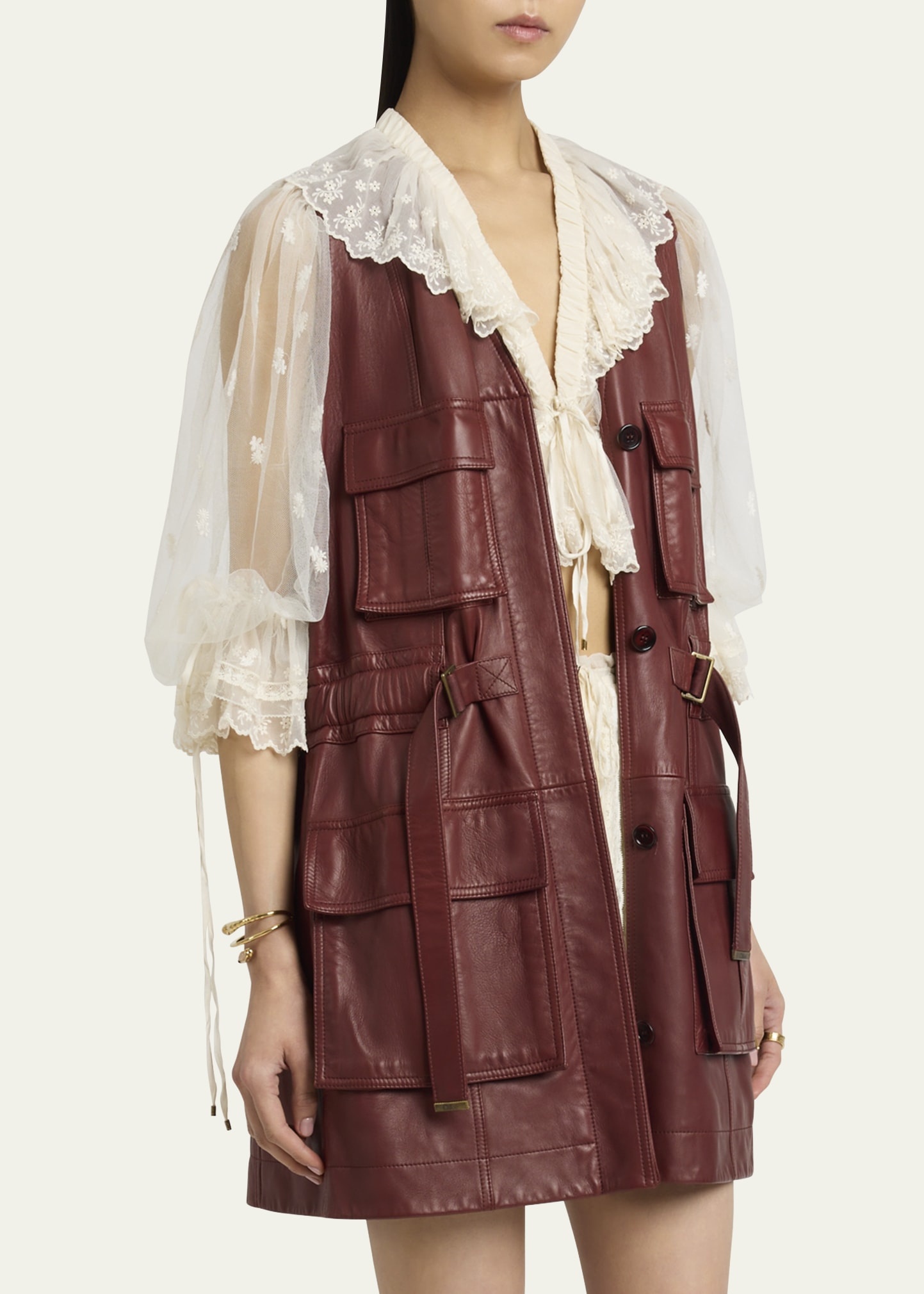 Leather Belted Utilitarian Vest - 4