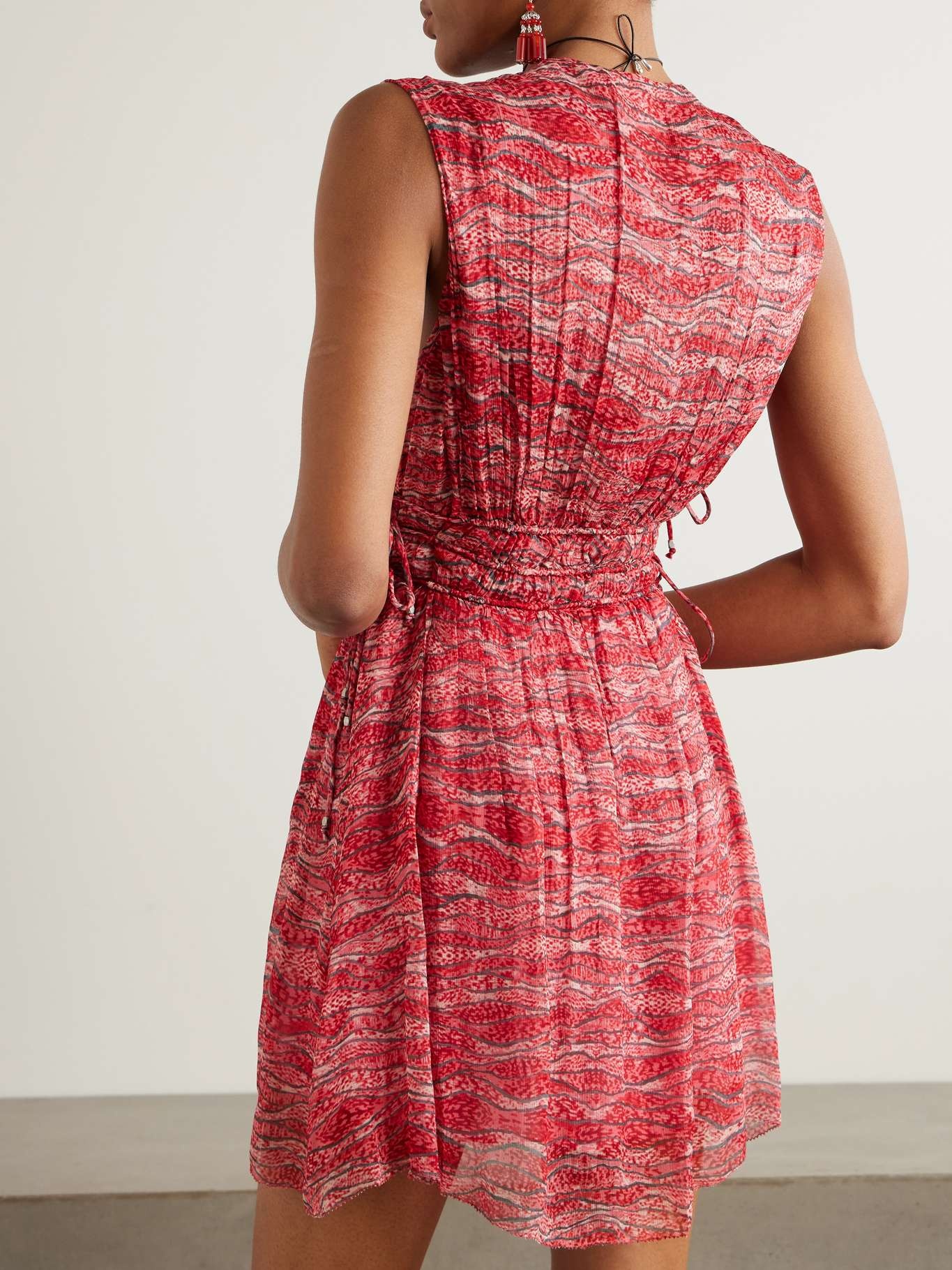 Anawa tie-detailed gathered printed crepon mini dress Red - 3