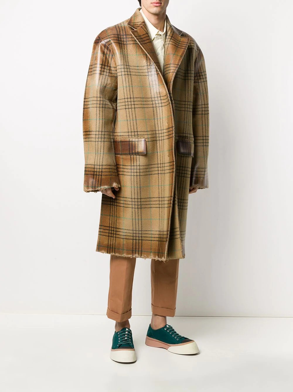 distressed-effect oversized check coat - 3