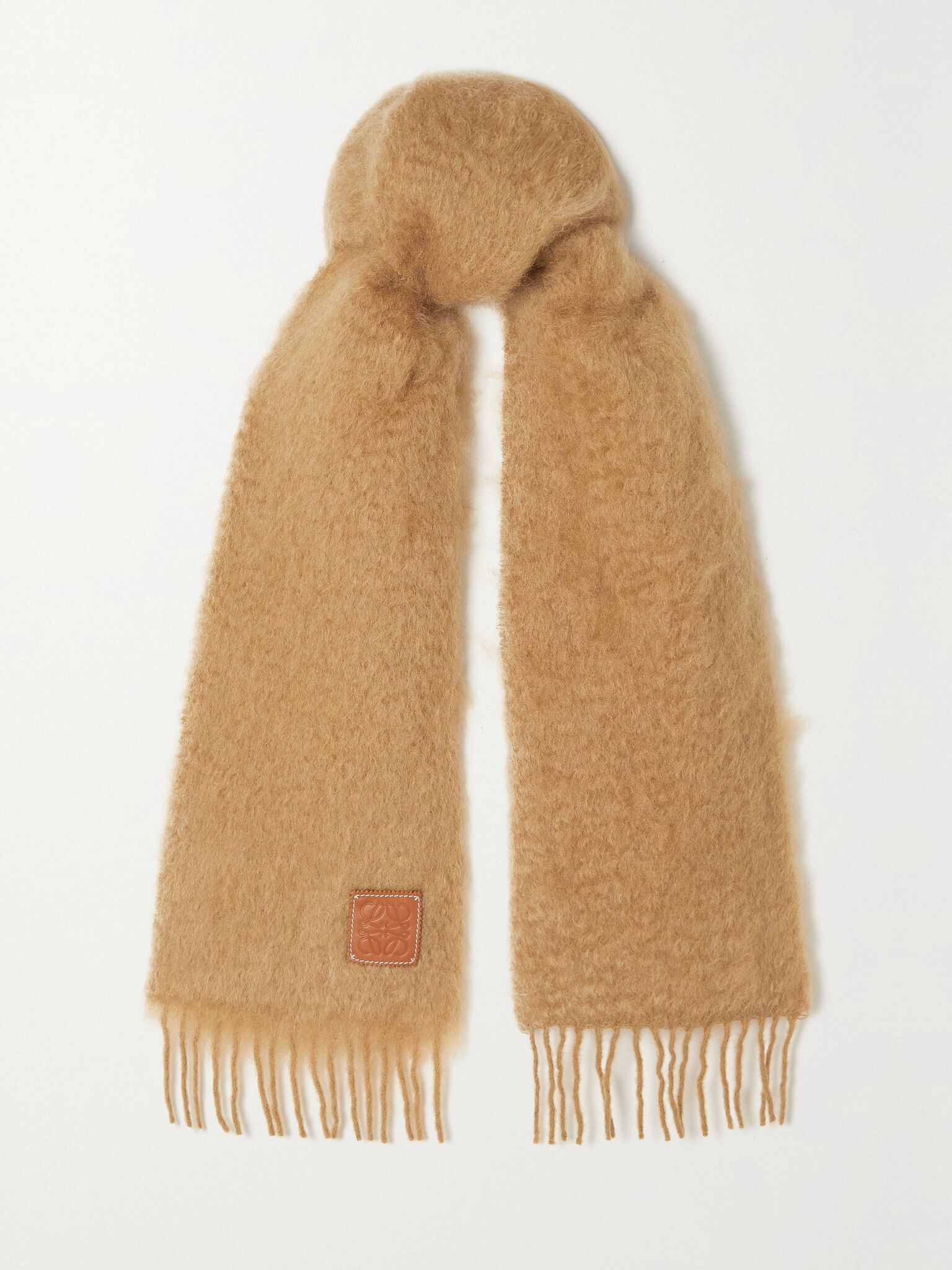 Appliquéd fringed mohair-blend scarf Camel - 1