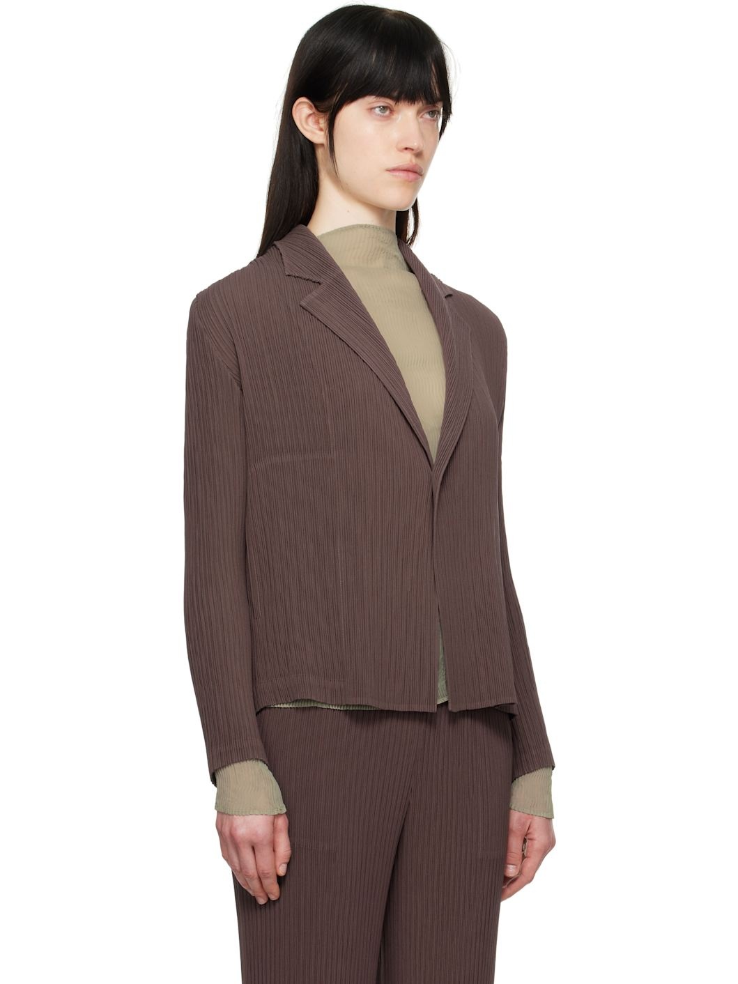 Brown February Hatching Pleats Blazer - 2