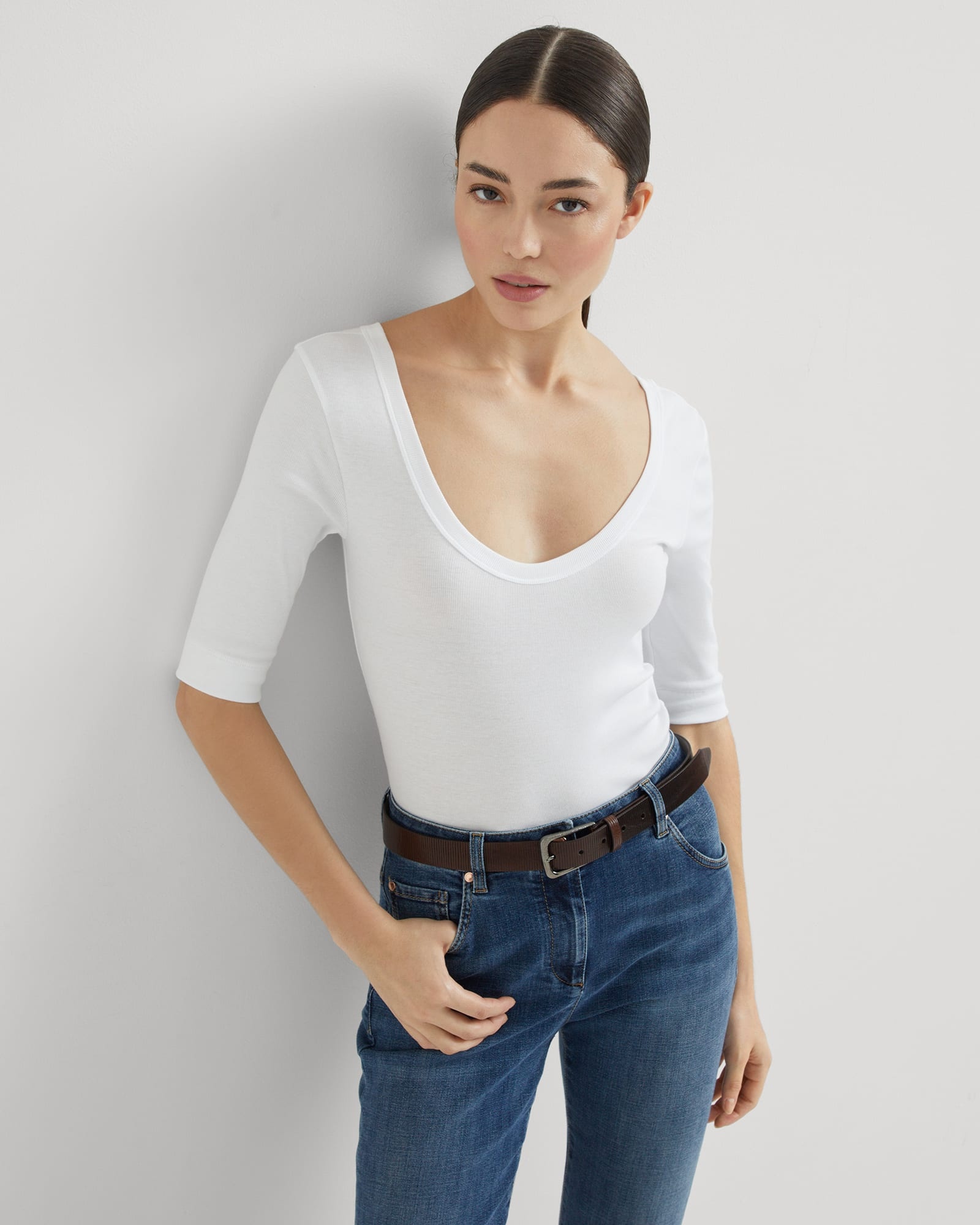 Stretch cotton ribbed jersey T-shirt with monili - 4