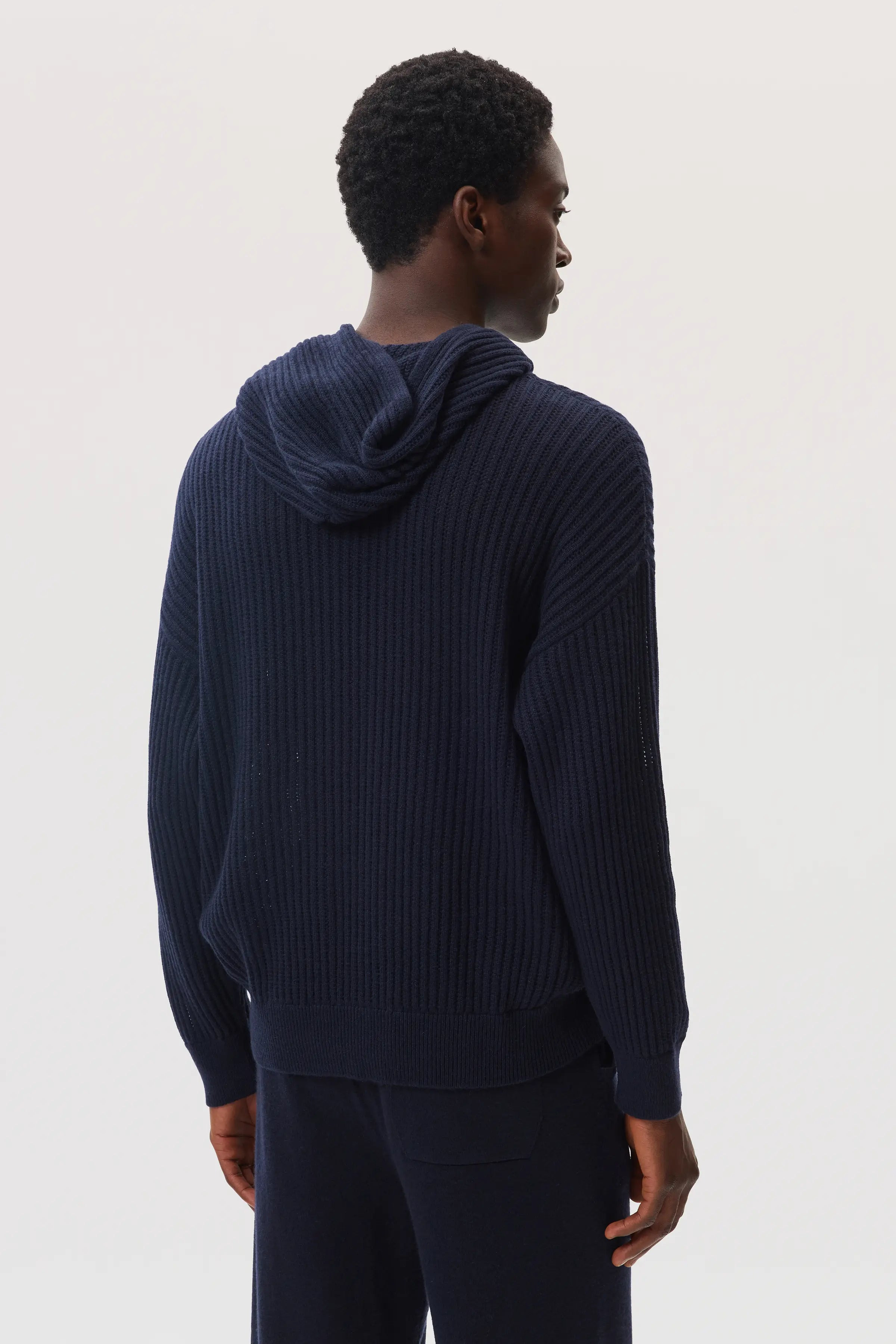 Mesh Rib Cashmere Navy Hoodie - 5