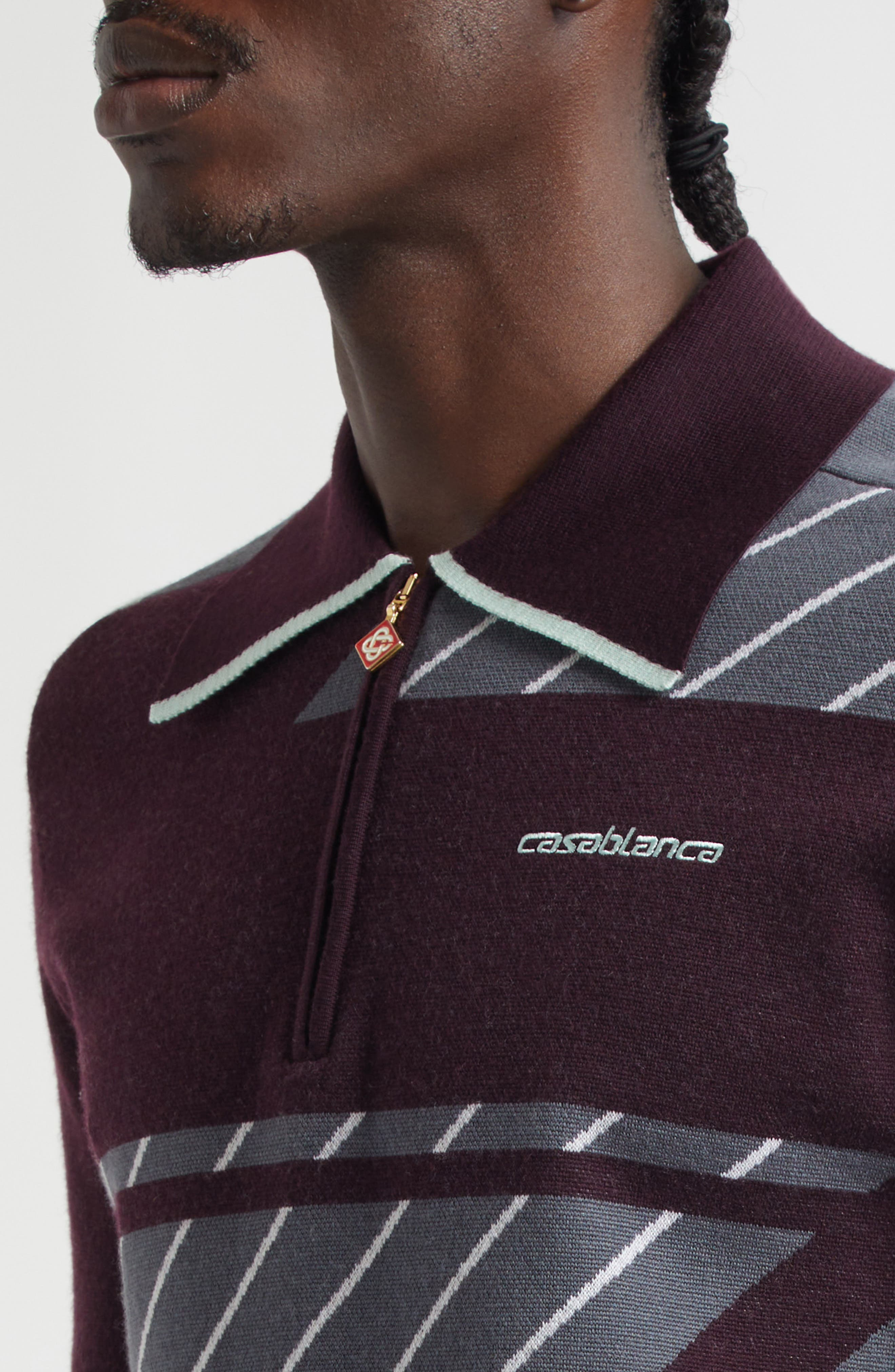 Casablanca Diagonal Stripe Merino Wool Quarter Zip Polo in Aubergine at Nordstrom - 4