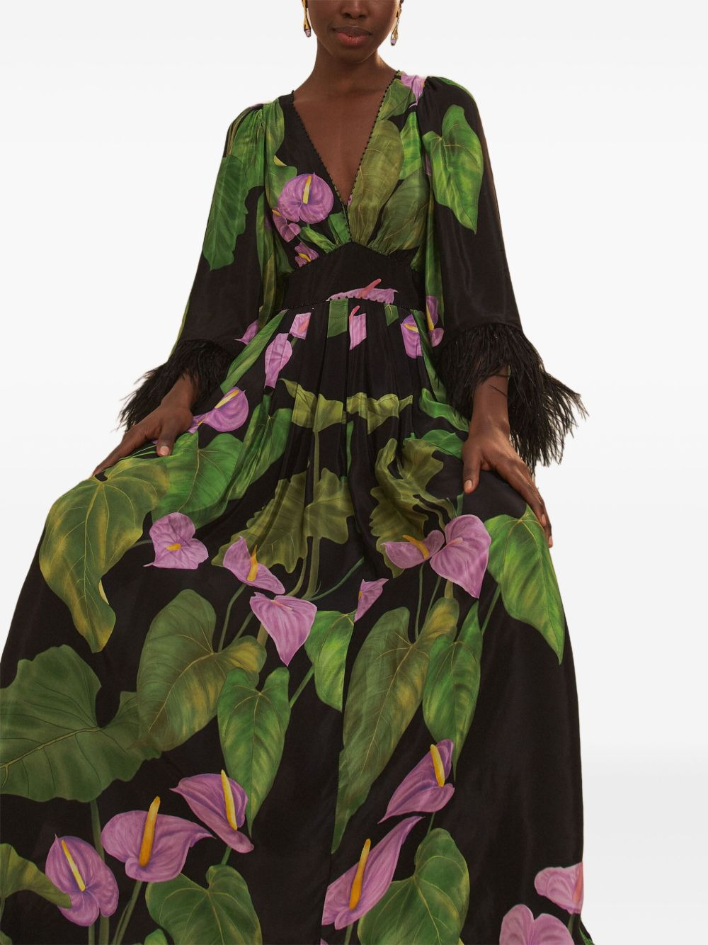 feather-trimmed floral-print maxi dress - 5