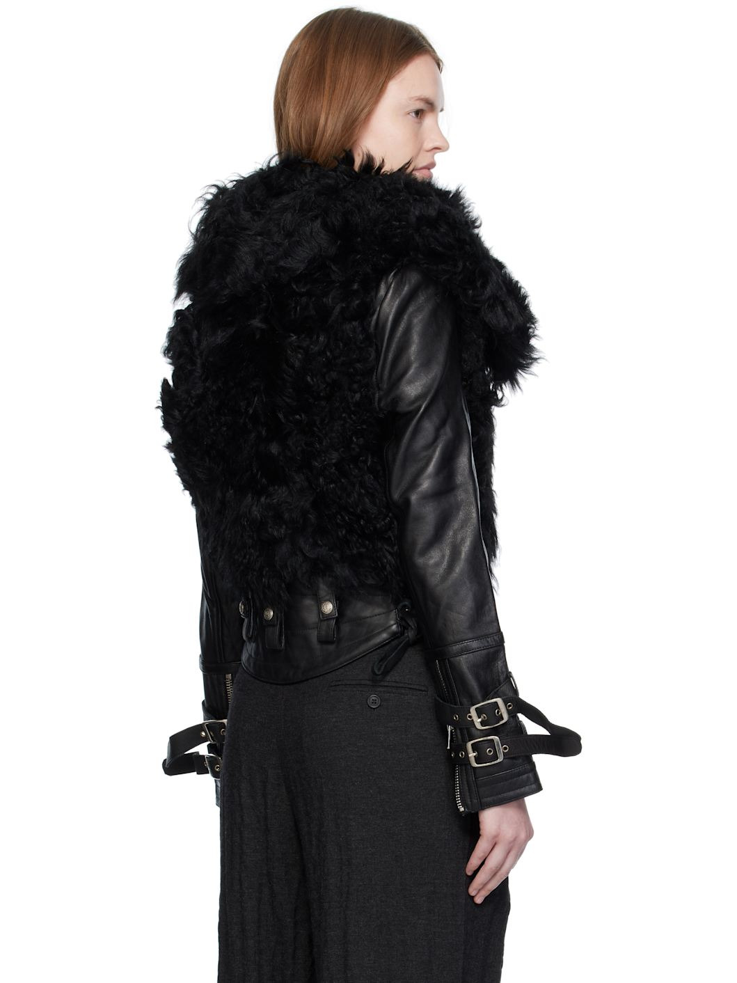 Black Furry Shrunken Shearling Jacket - 3