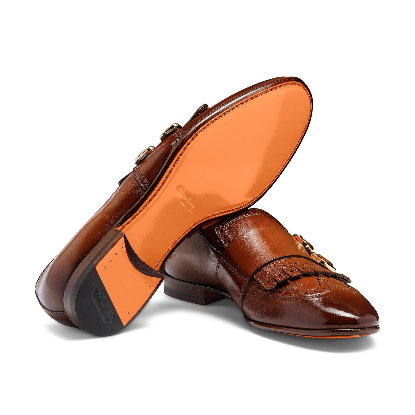 Men's orange leather double-buckle loafer with fringe - 3