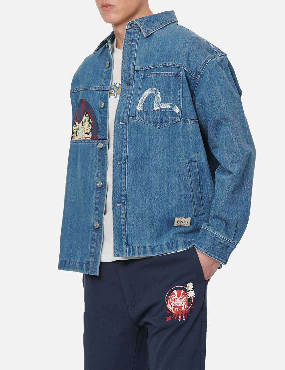 Vintage Daruma Print Denim Shirt Jacket - 7