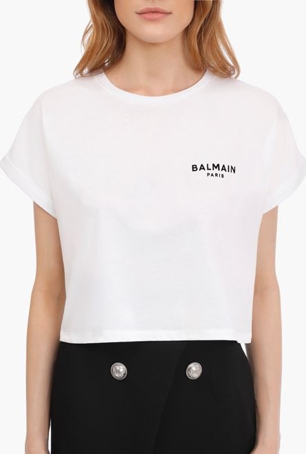 Cropped white cotton T-shirt with flocked black Balmain logo - 5