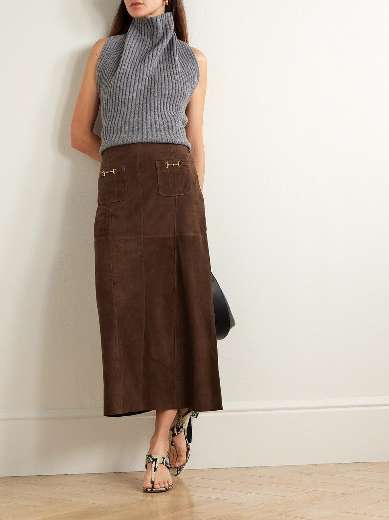 RIXO Edwina Embellished Paneled Suede Midi Skirt outlook