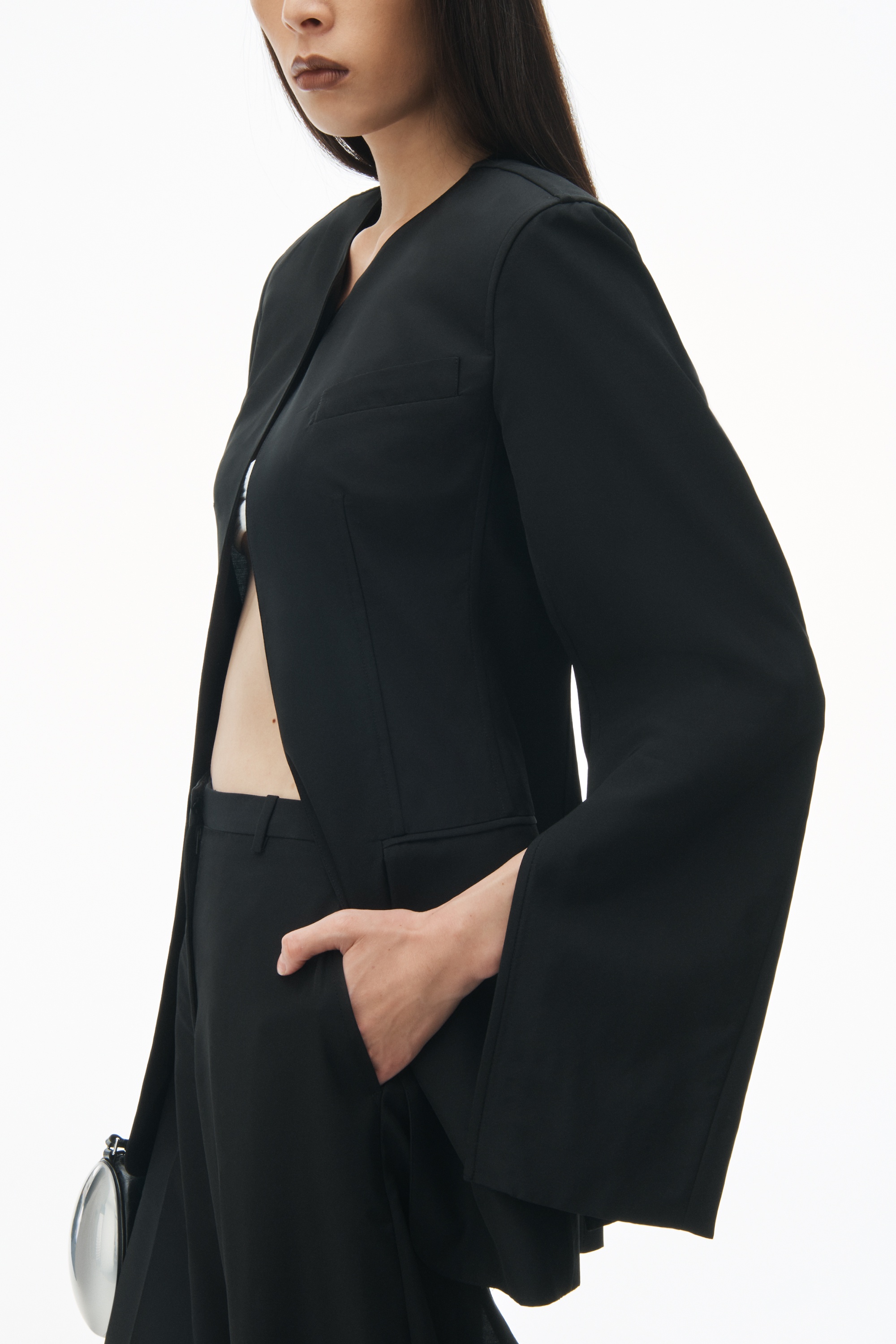 Collarless Tailored Jacket With Slits - 3