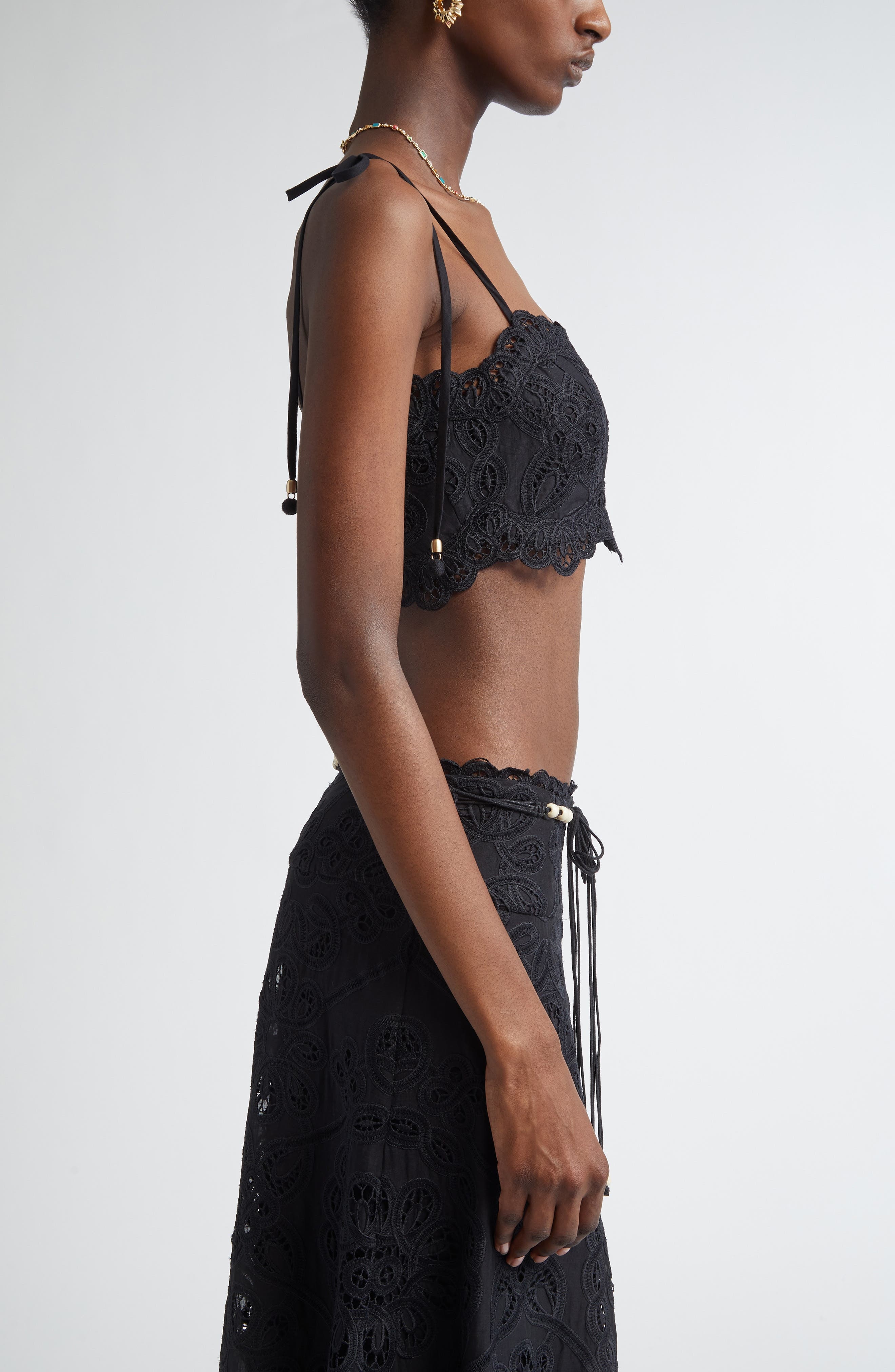 Zimmermann Rhiannon Guipure Lace Trim Cotton Crop Top in Black at Nordstrom - 4