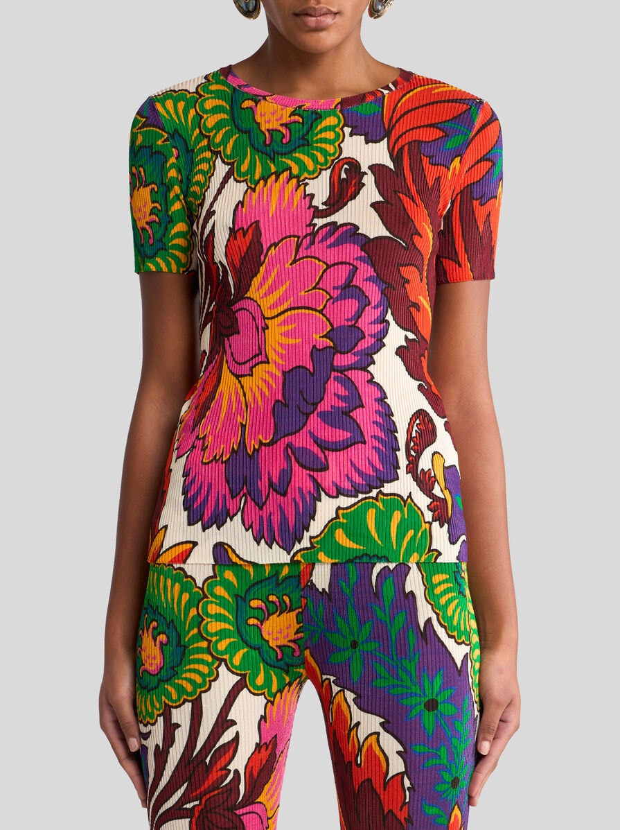 RIBBED T-SHIRT WITH MULTICOLOURED FLORAL PRINT - 2