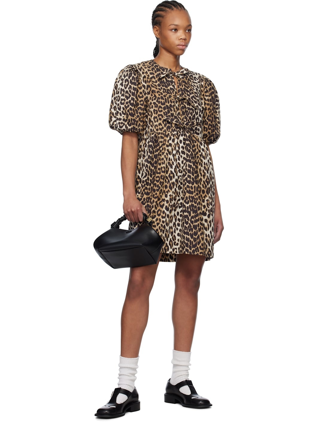 Brown Leopard Printed Cotton Tie String Minidress - 4