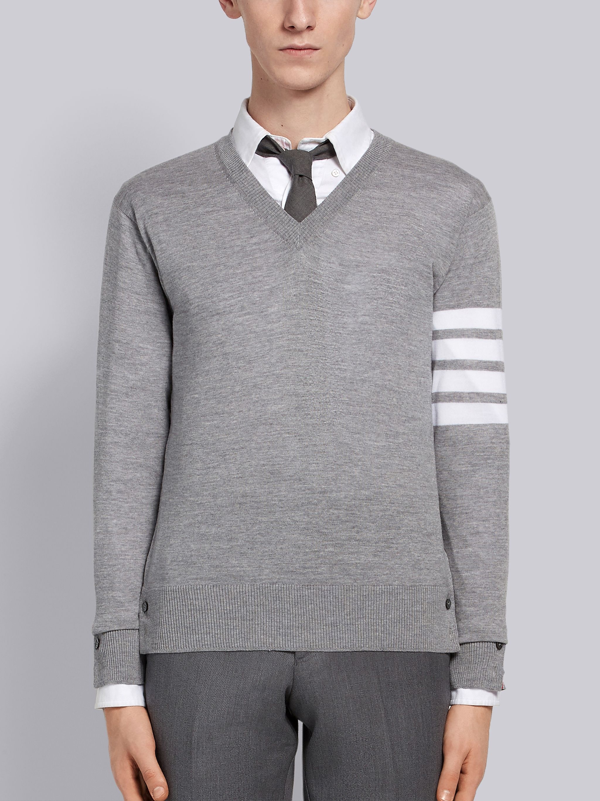 Light Grey Finemerino Wool 4-bar V-neck Pullover - 1