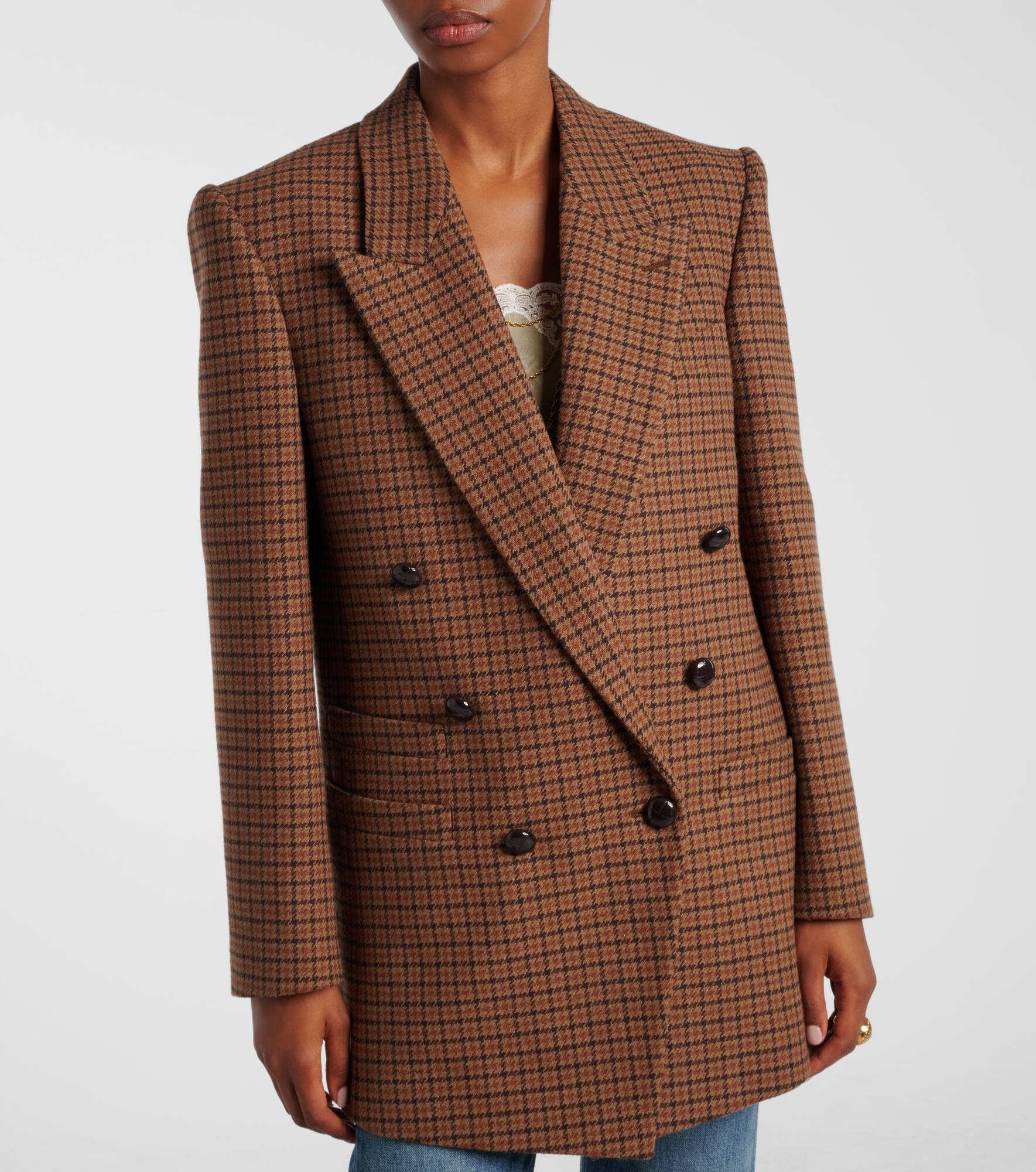 Checked double-breasted wool-blend blazer - 6