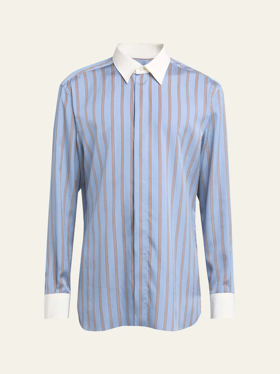 Men's Stripe Silk Contrast-Trim Sport Shirt - 1
