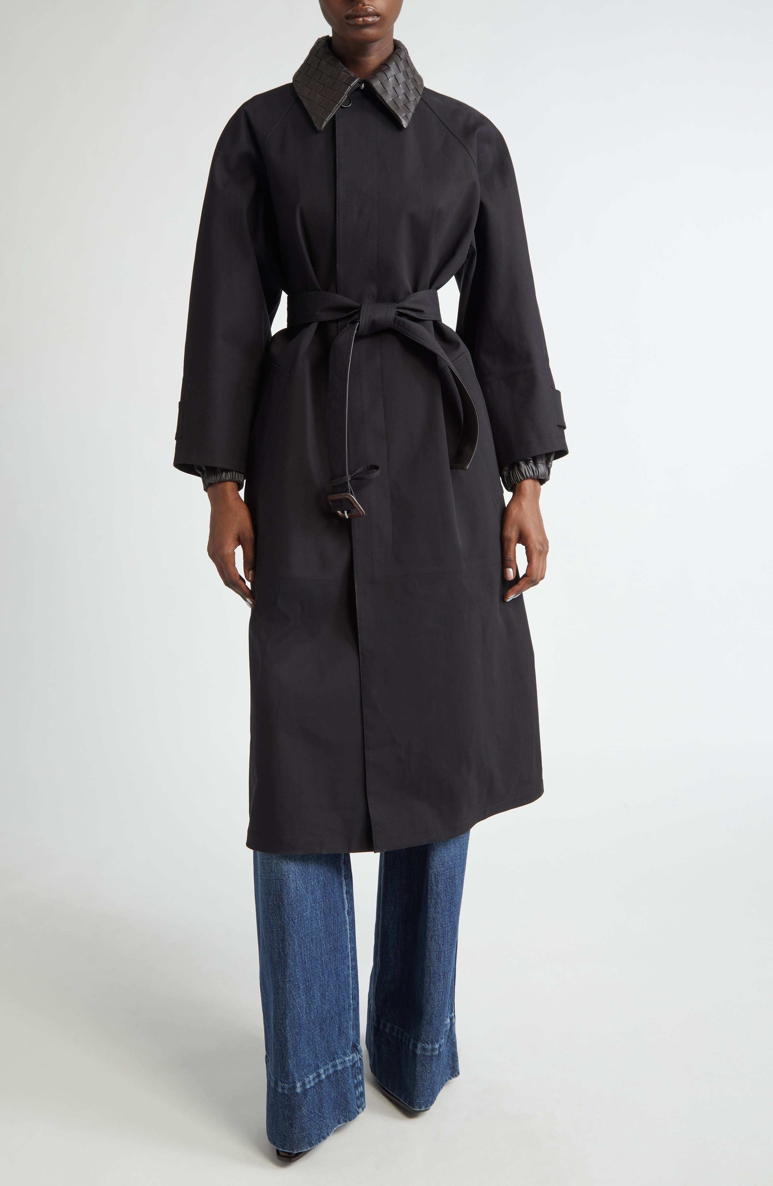 Bottega Veneta Intrecciato Leather Collar Water Repellent Trench Coat in 1000 Black at Nordstrom - 1
