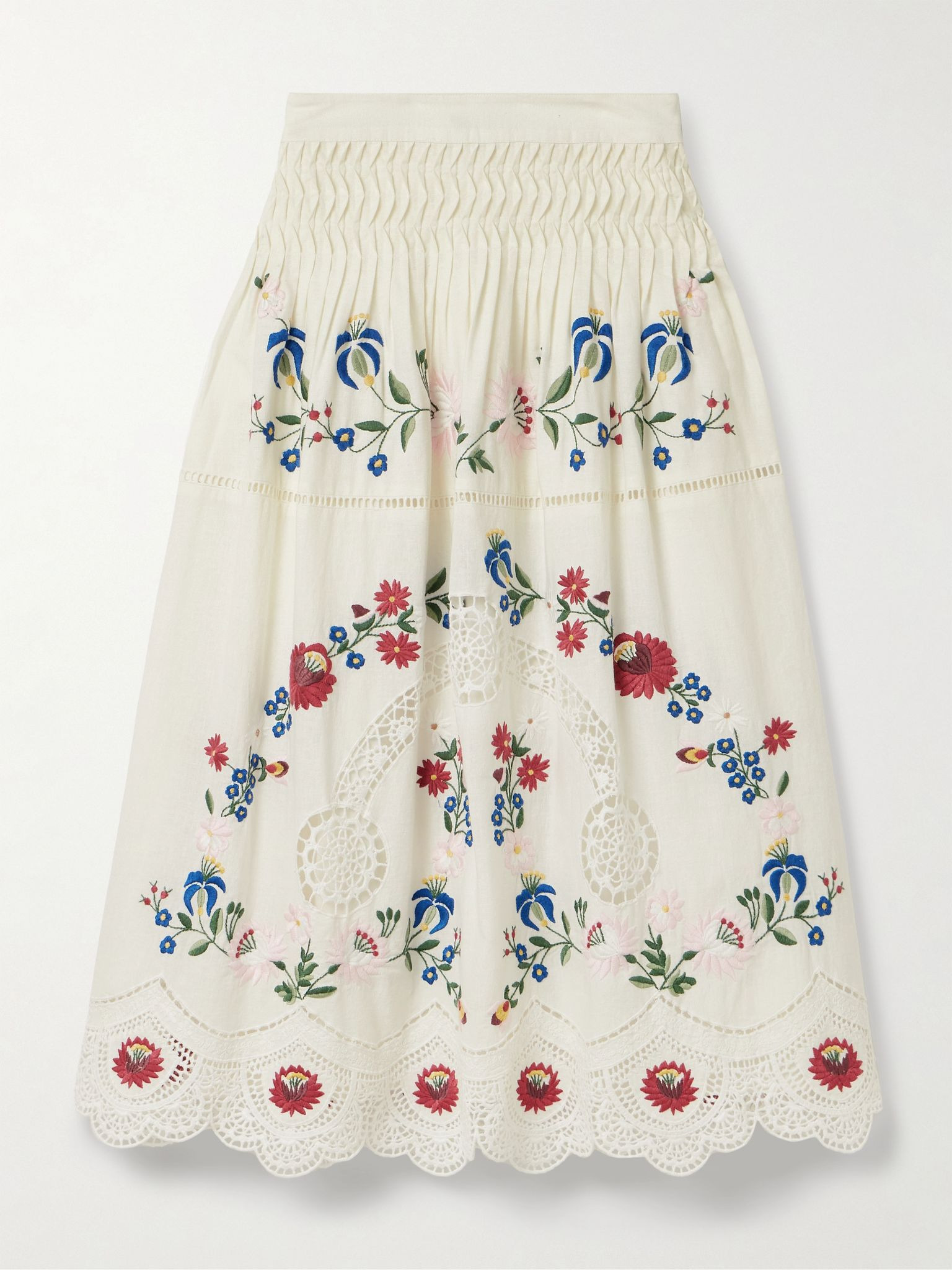 Celia broderie anglaise cotton and linen-blend midi skirt Cream - 1