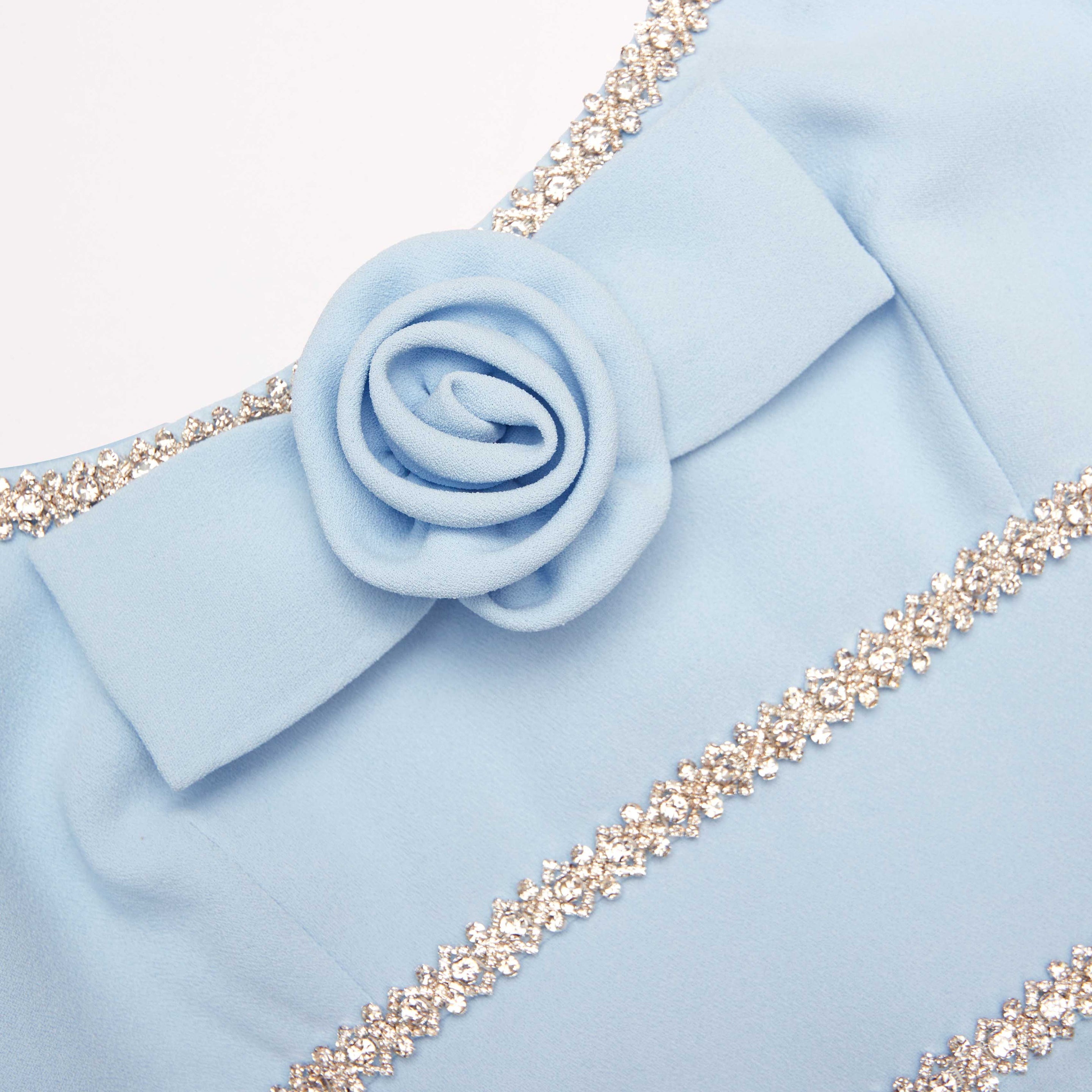 Blue Crepe Crystal Trim Maxi Dress - 5