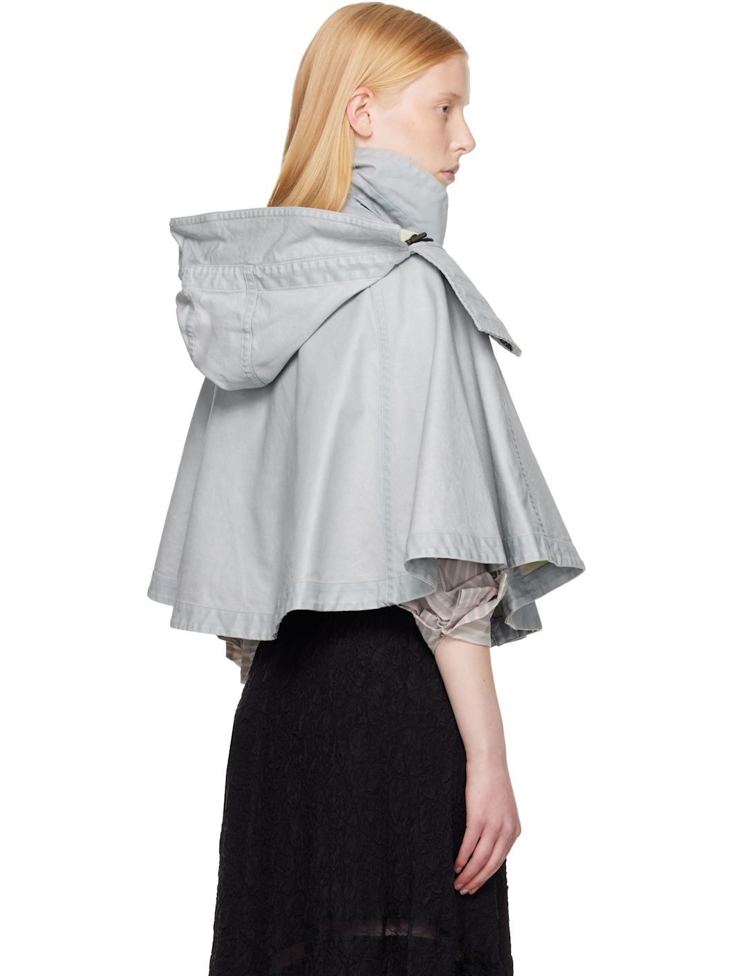 Blue Bleached Cotton Hooded Capelet Jacket - 3