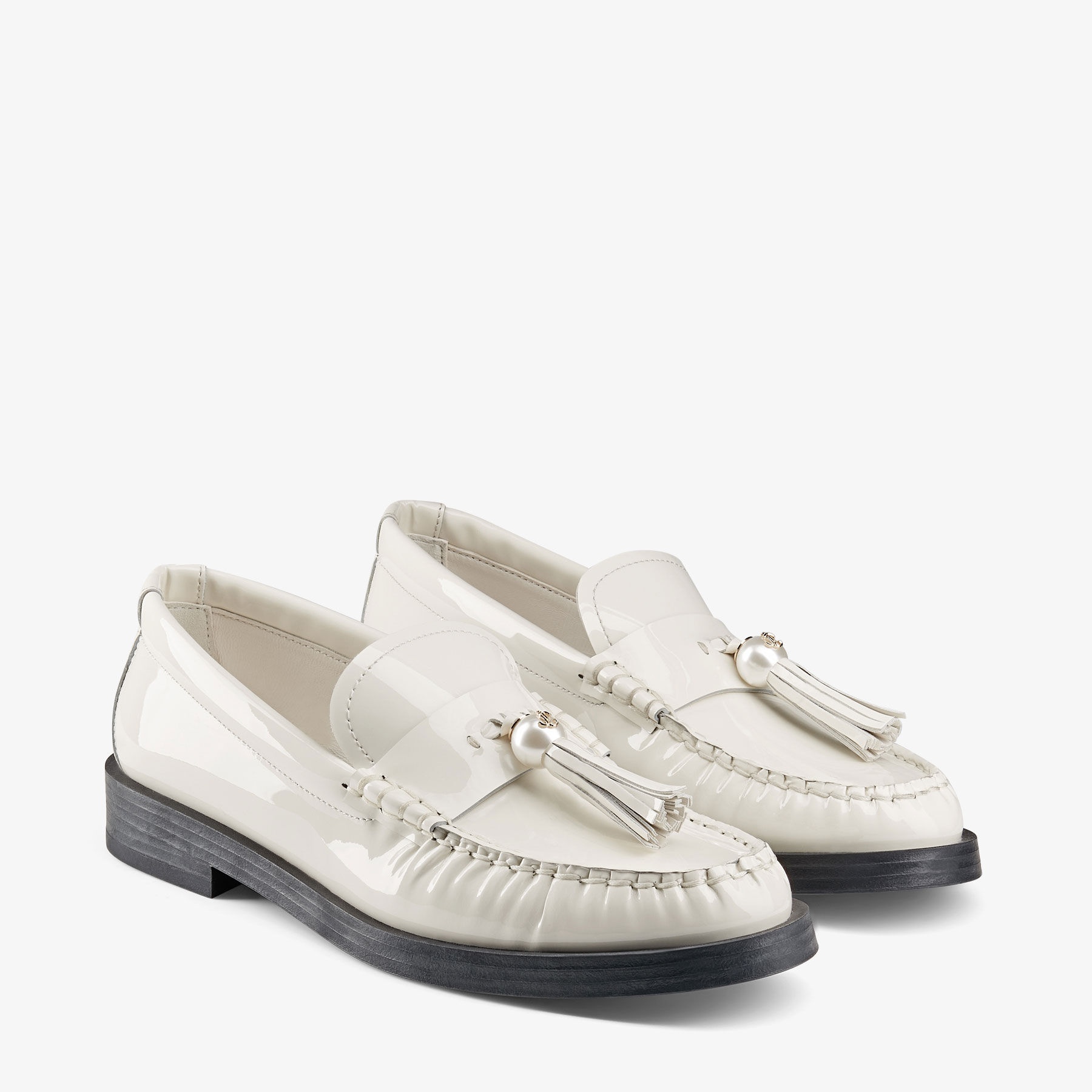 Addie/Pearl
Latte Patent Leather Flat Loafers with Pearl Tassel - 2