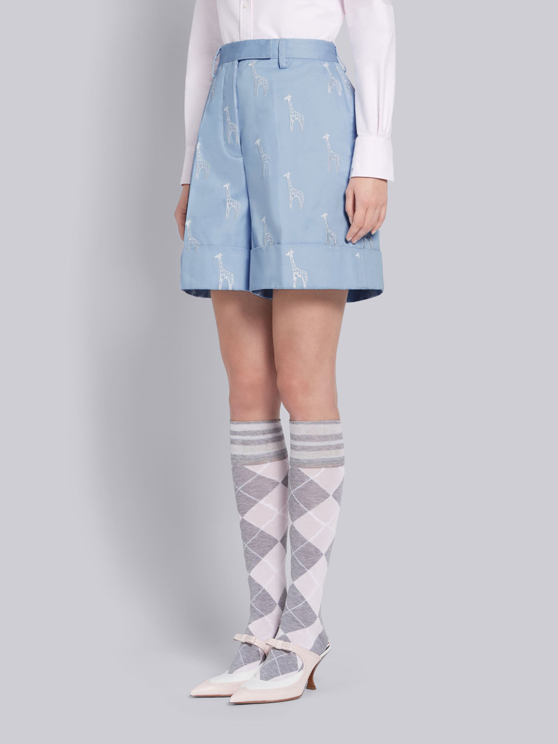 Thom Browne Light Blue Cotton Twill Giraffe Icon Embroidered High Waisted Short outlook