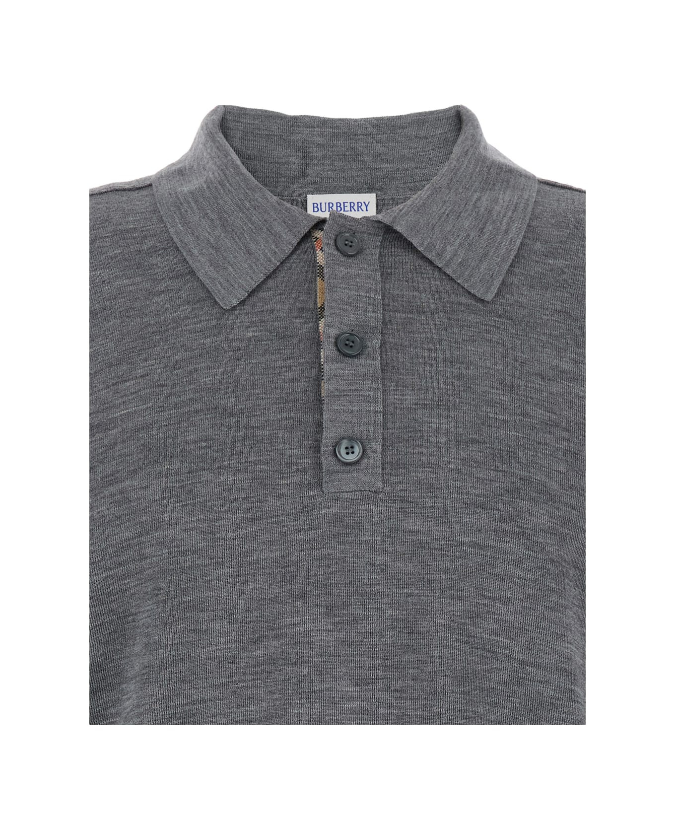 Grey Polo Shirt With Classic Collar And Check Motif On The Collar In Wool Man - 3