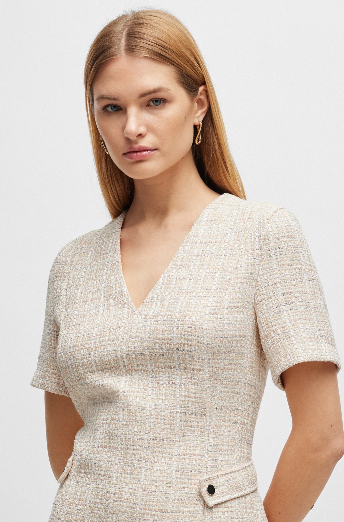 V-NECK DRESS IN MELANGE TWEED WITH HARDWARE-BUTTON TRIMS - 5