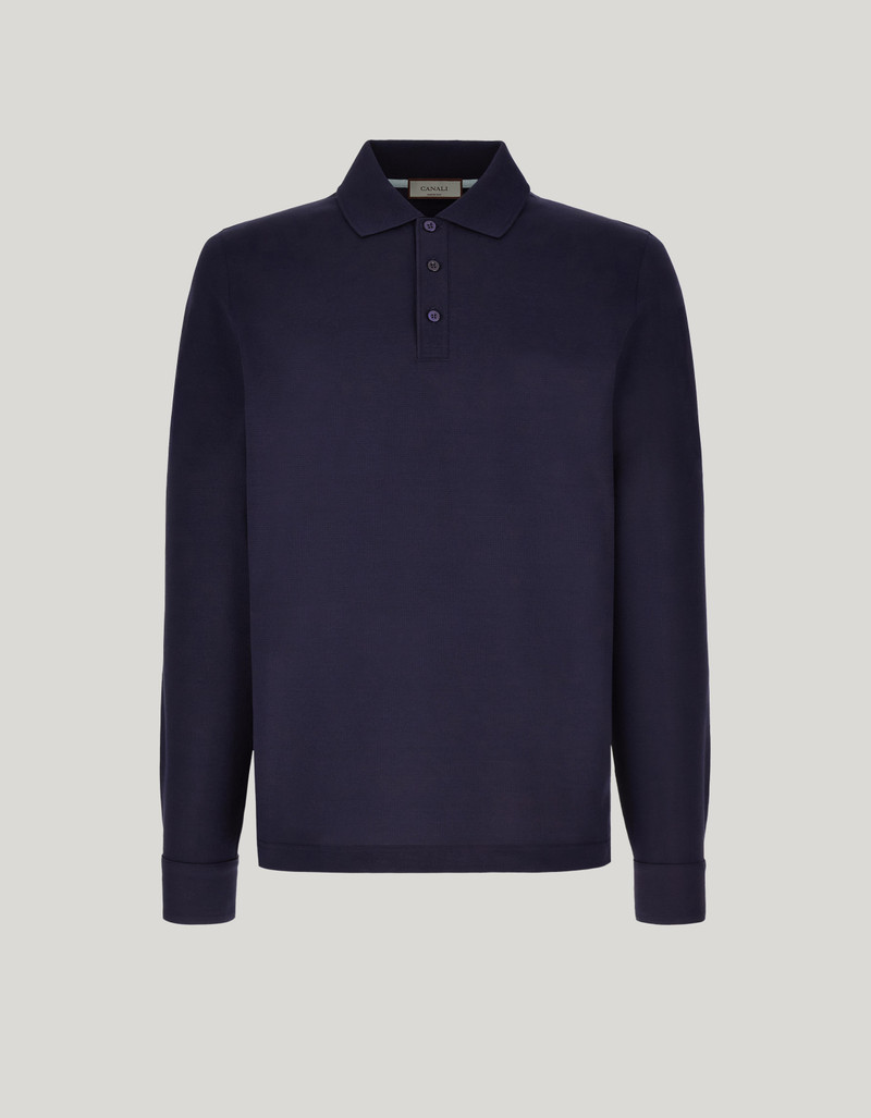 DARK NAVY COTTON AND SILK PIQUÉ LONG-SLEEVED POLO SHIRT 1