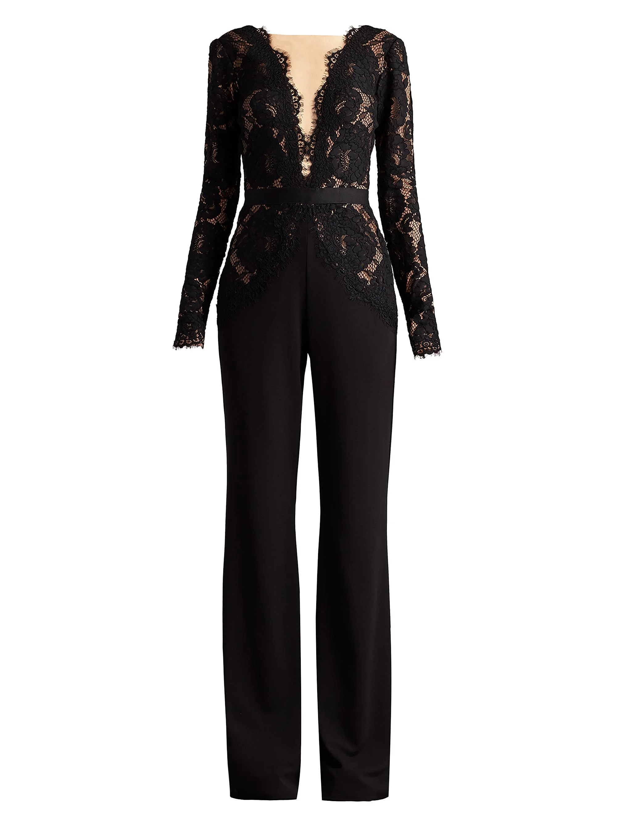 Women's Lace Bodice Crepe Jumpsuit - Black Beige - 1