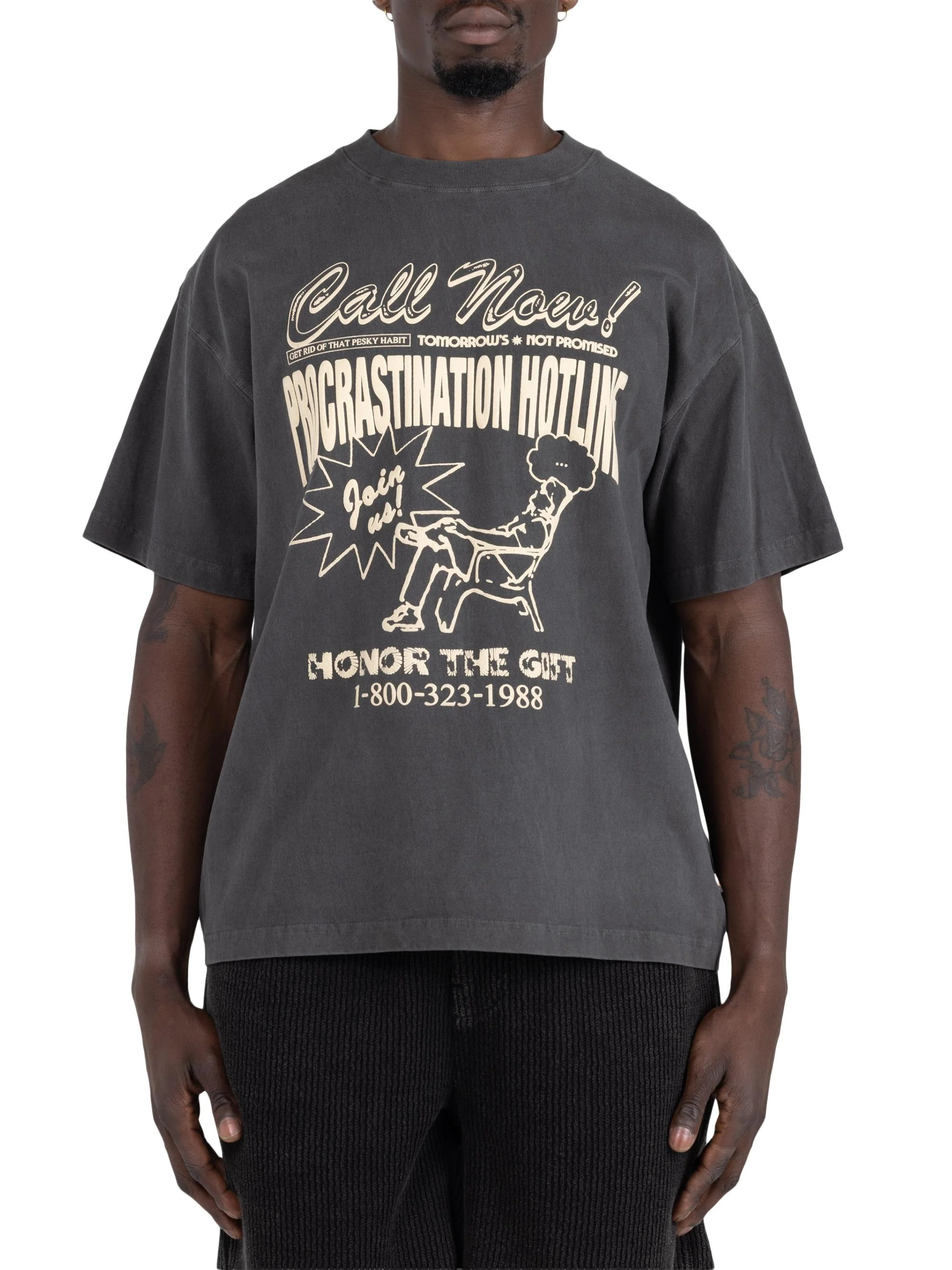 Men's Procrastination Hotline Graphic Cotton T-Shirt - Black - 1