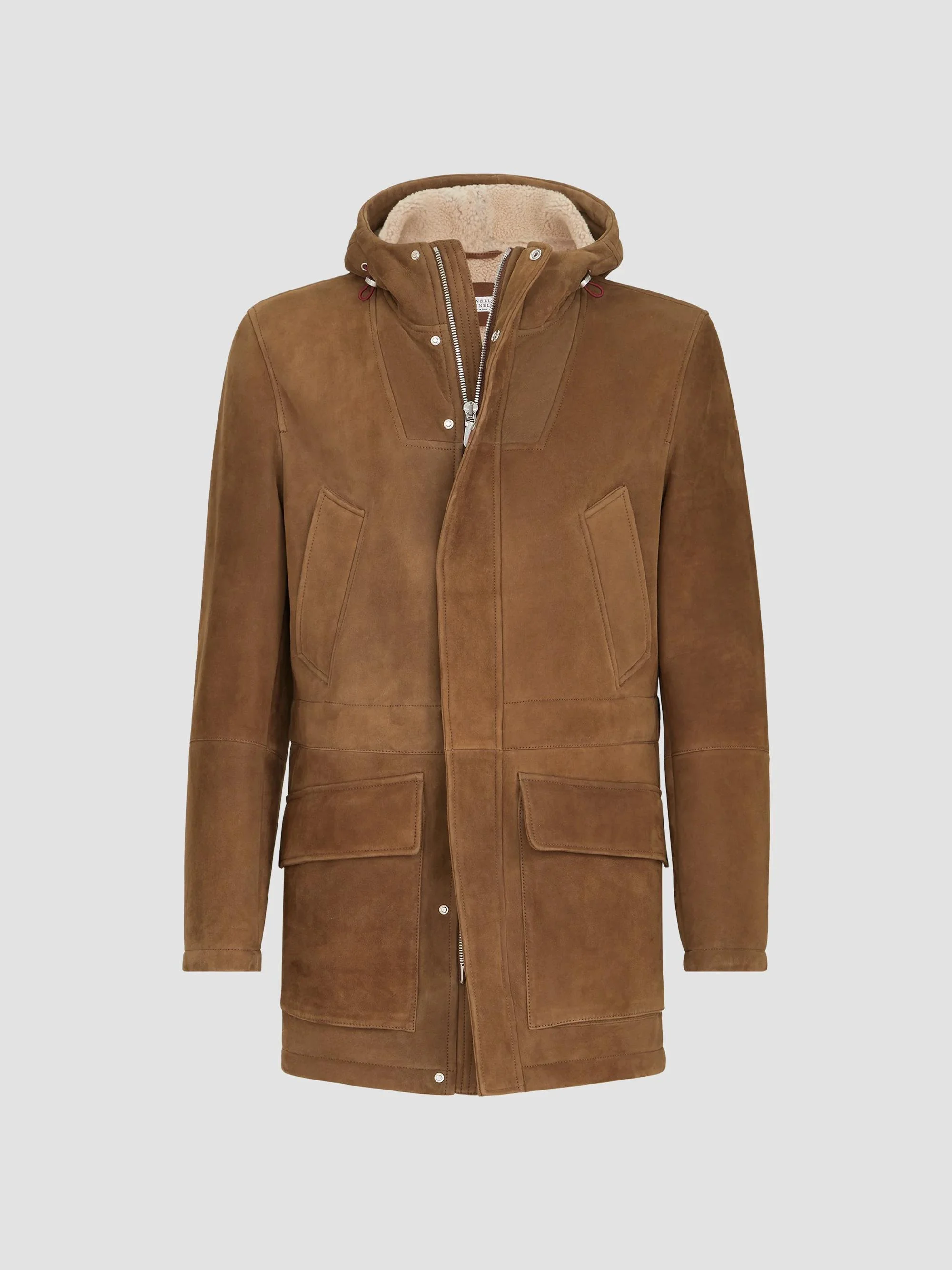 Men's Suede Curly Shearling Parka Jacket - Brown - 1
