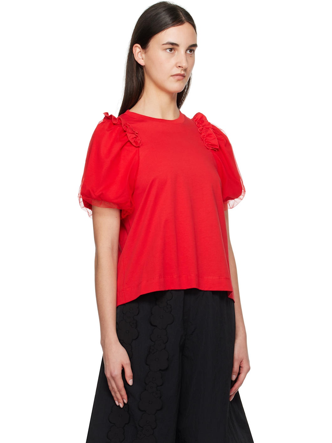 Red Tulle Overlay Puff Sleeve Frill T-shirt - 2