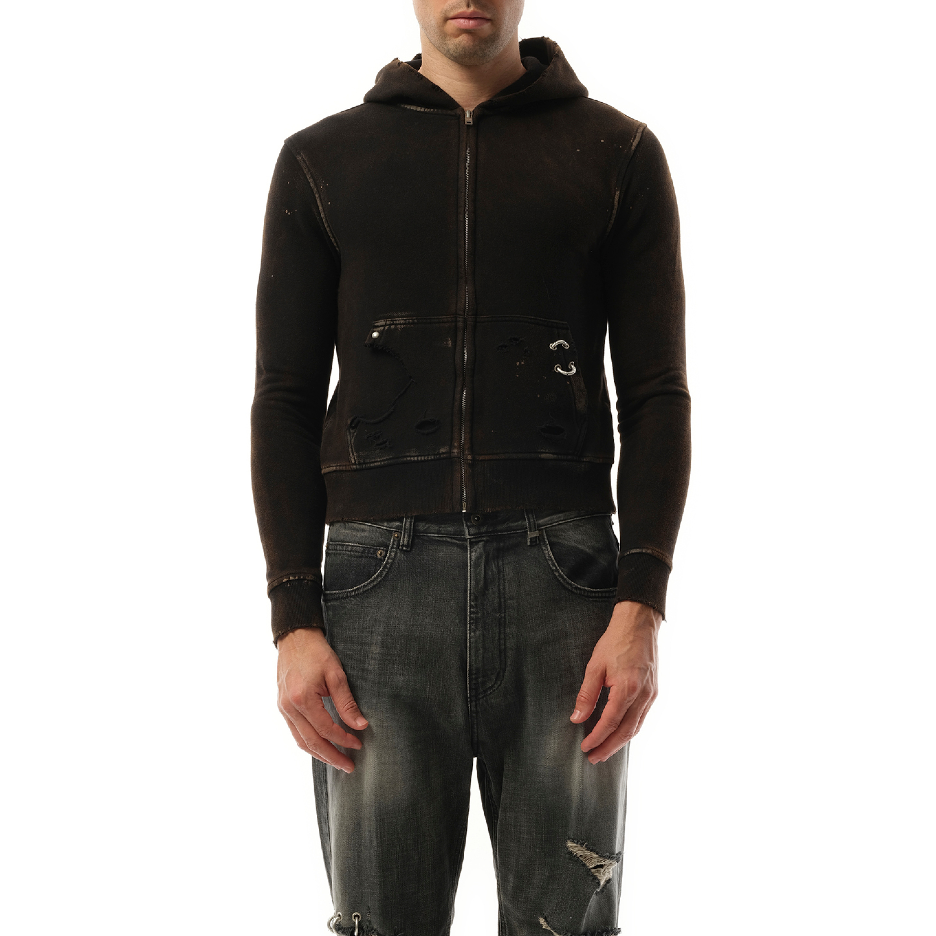 Piercing Detail Hoodie Zip-Up in Black - 1