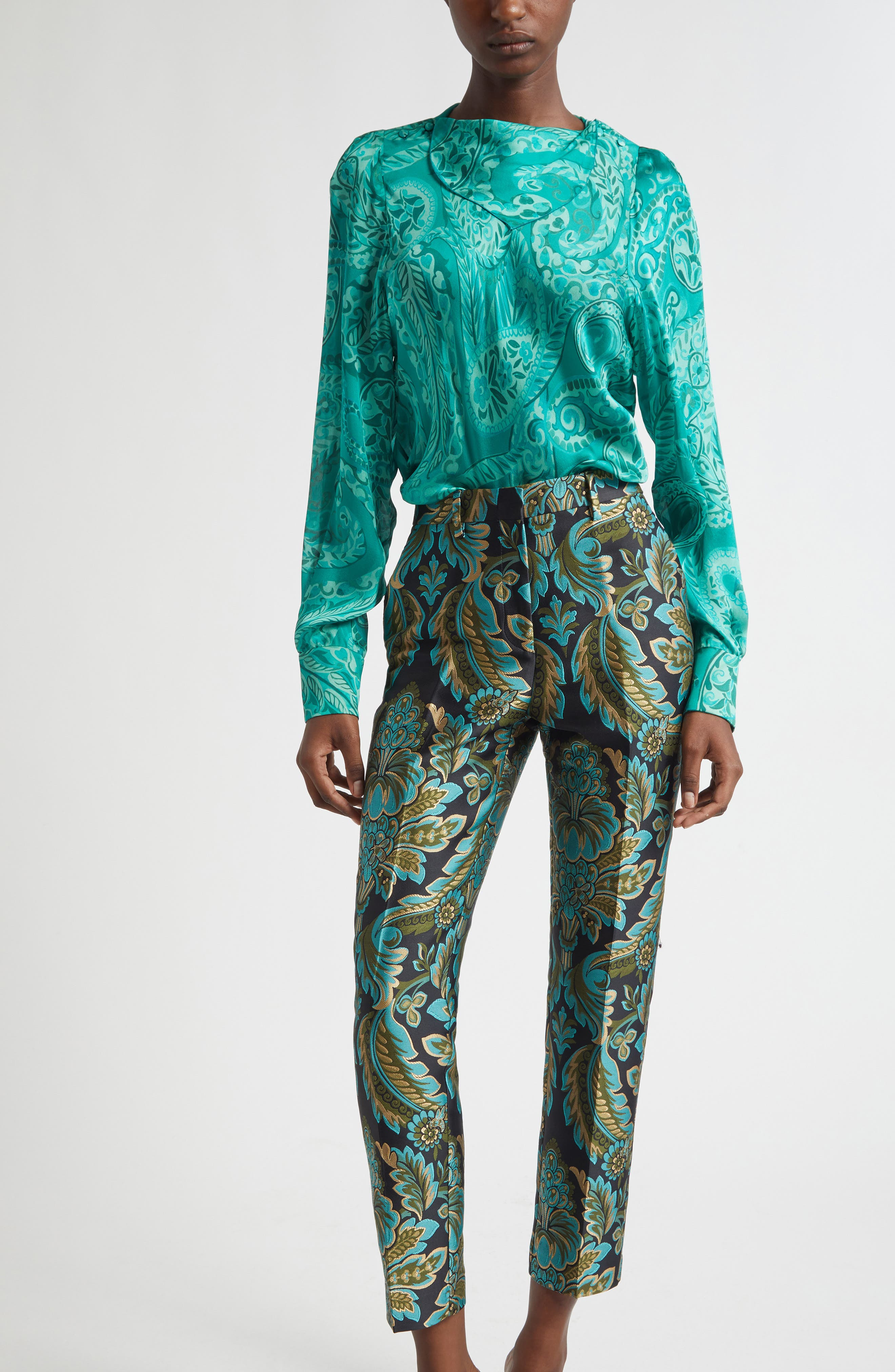 Etro Capitol Paisley Jacquard Trousers in Black/Green/Turquoise Multi at Nordstrom - 8
