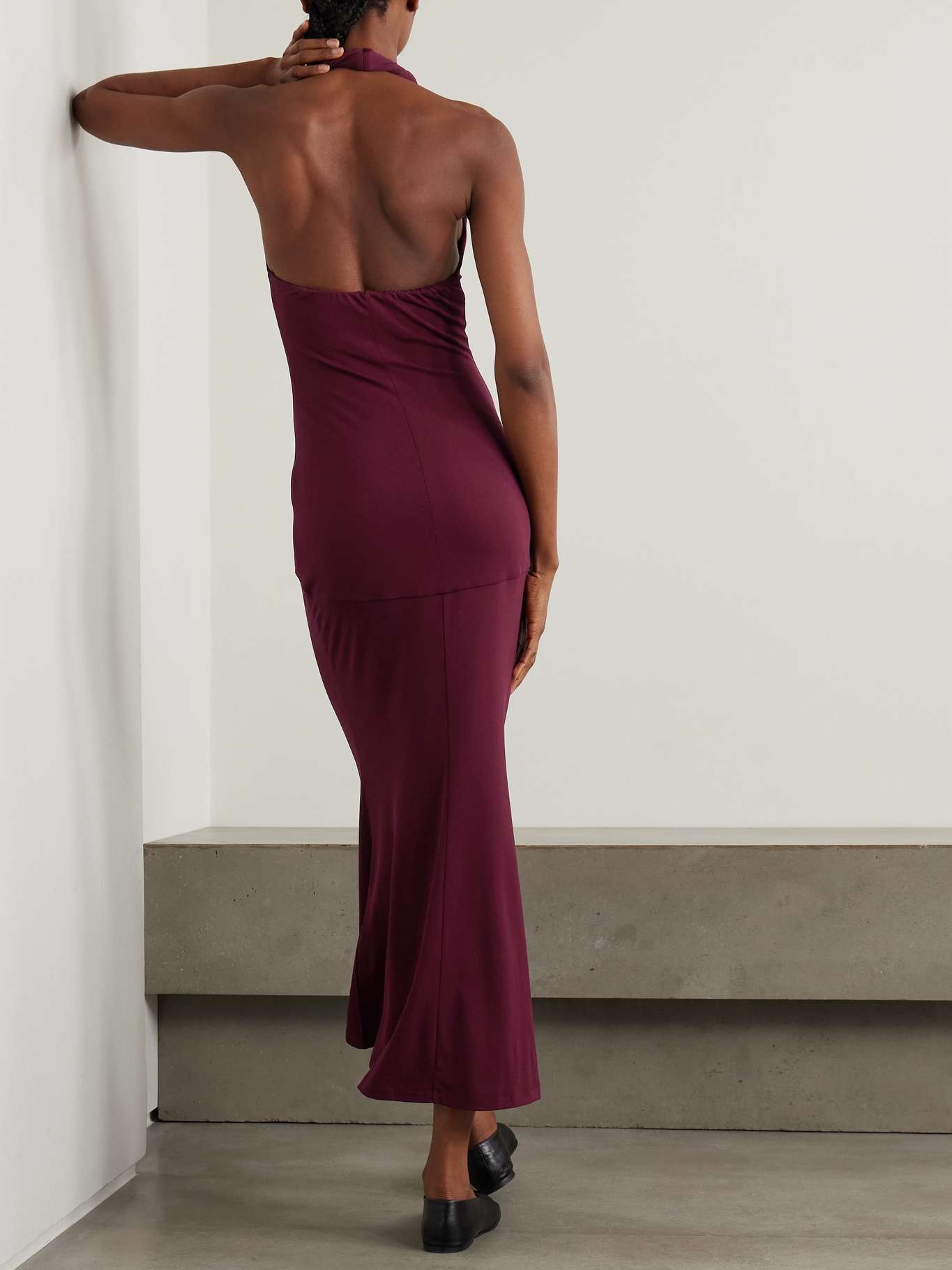 Eleanor paneled twisted stretch-jersey halterneck maxi dress Burgundy - 3