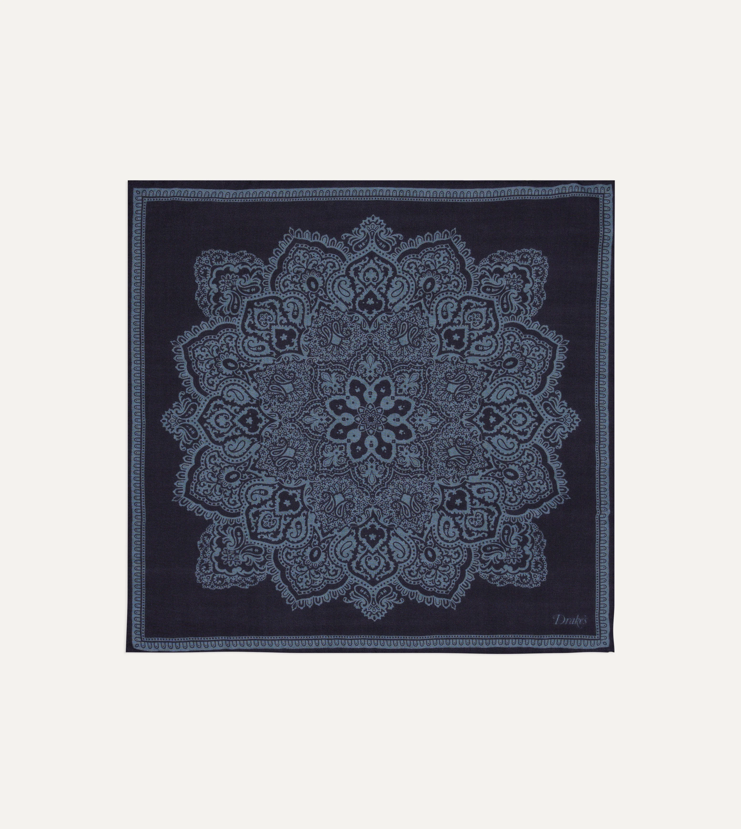Navy Paisley Tile Print Wool-Silk Pocket Square - 1