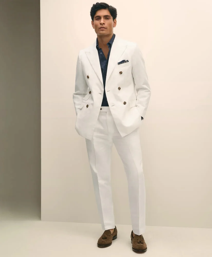 Slim Fit Cotton-Linen Herringbone Single-Pleat Suit Pants - 1