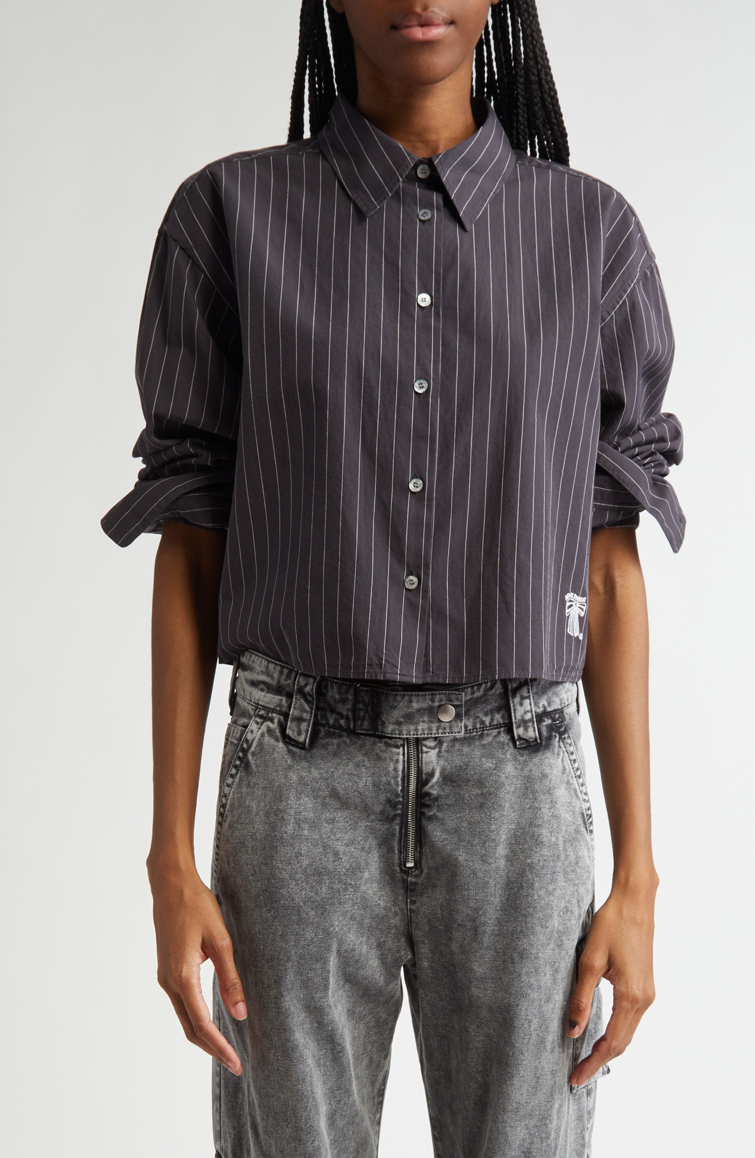 Acne Studios Satai Stripe Crop Organic Cotton Poplin Button-Up Shirt in Black/White J83 at Nordstrom - 1